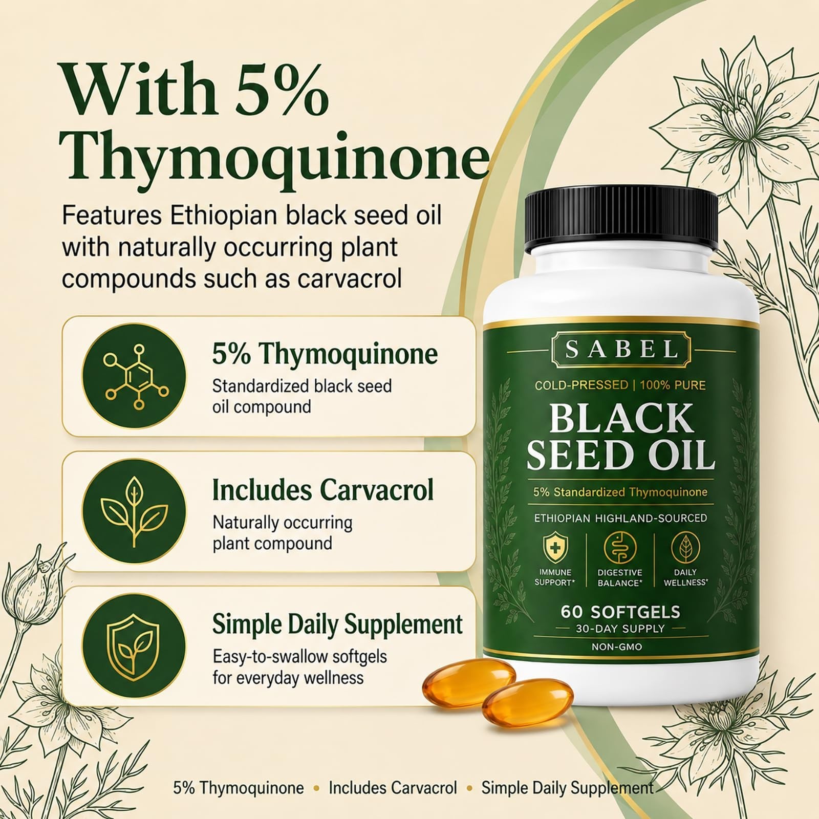 Ethiopian Black Seed Oil Softgels – Cold Pressed, Non-GMO, Gluten-Free, 60 Count