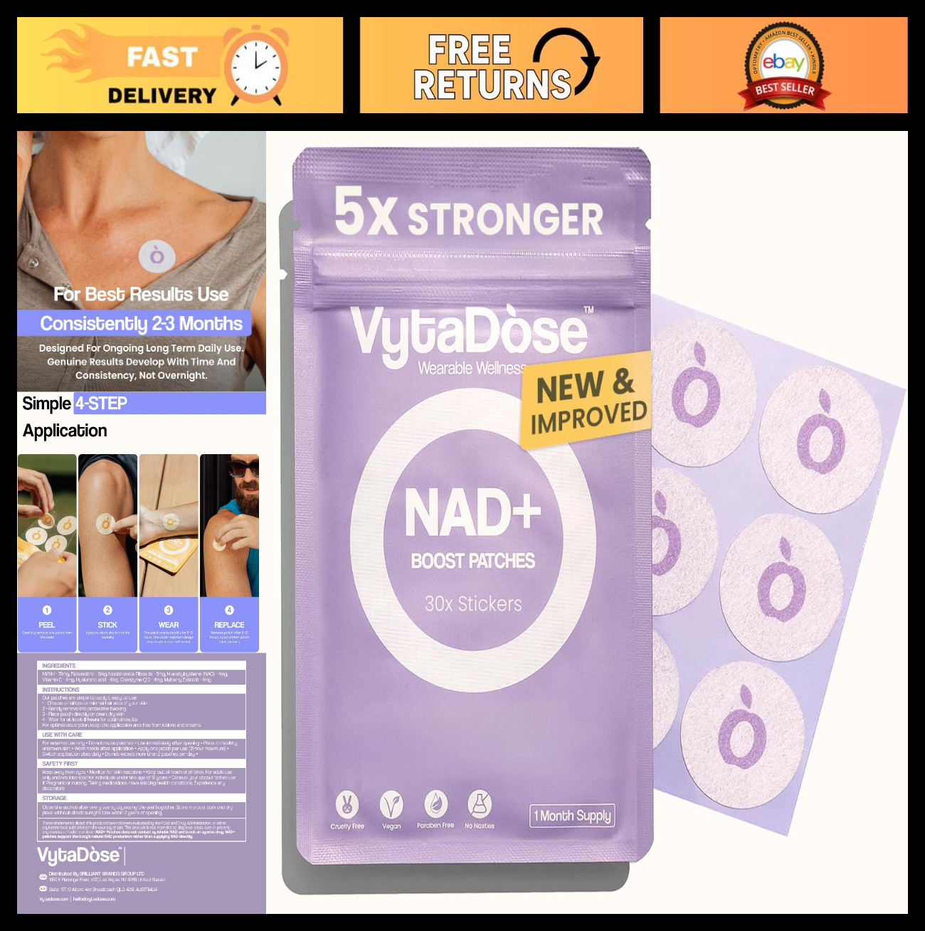 High Dose NAD+ Patches for Energy & Focus – Vegan, Water Resistant, 30 Pack