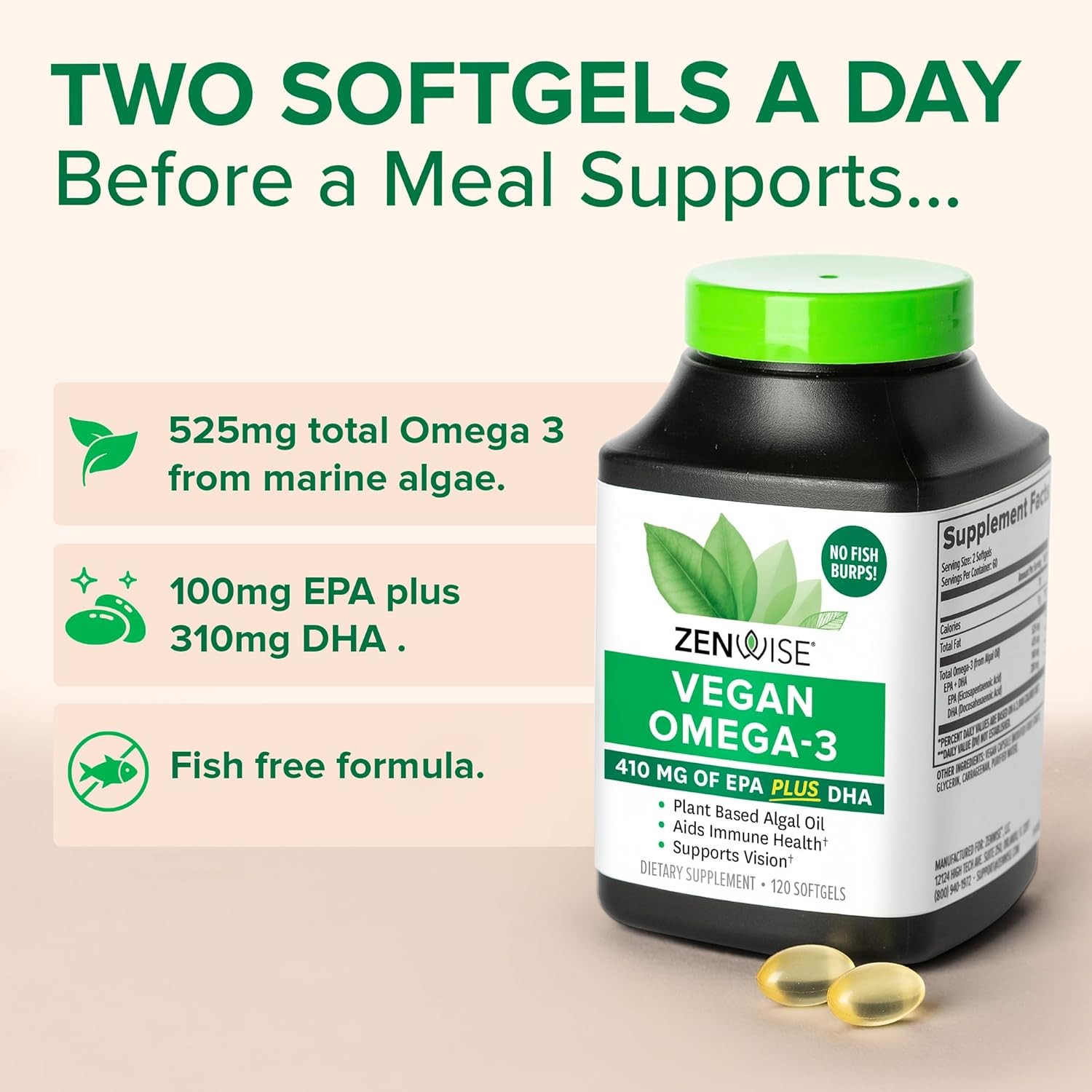 Zenwise Health Vegan Omega 3 Supplement – Burpless 120 Count (Pack of 1)