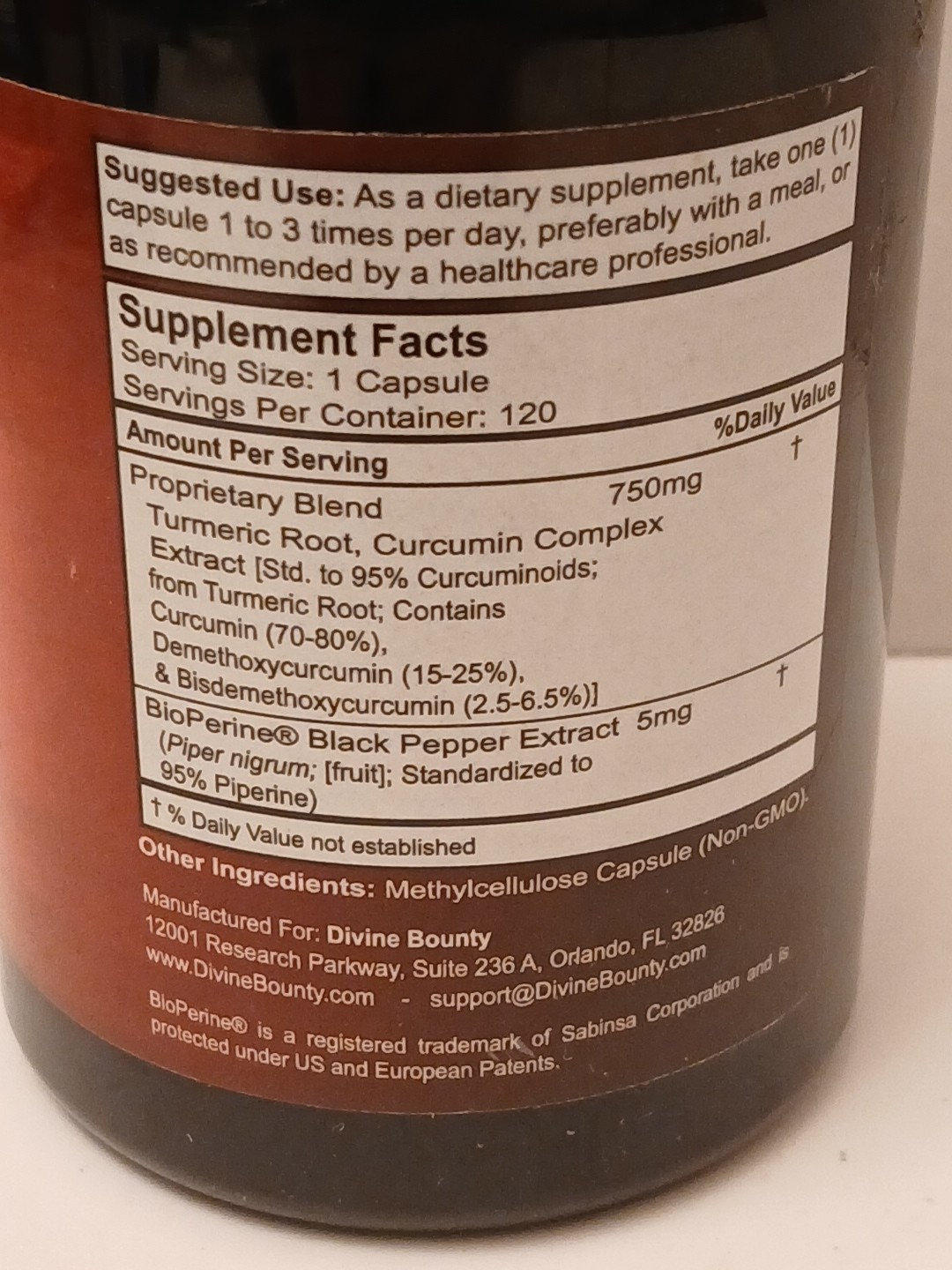 Divine Bounty Turmeric Curcumin Bioperine 755mg 120 Each Exp: 12/28/2026