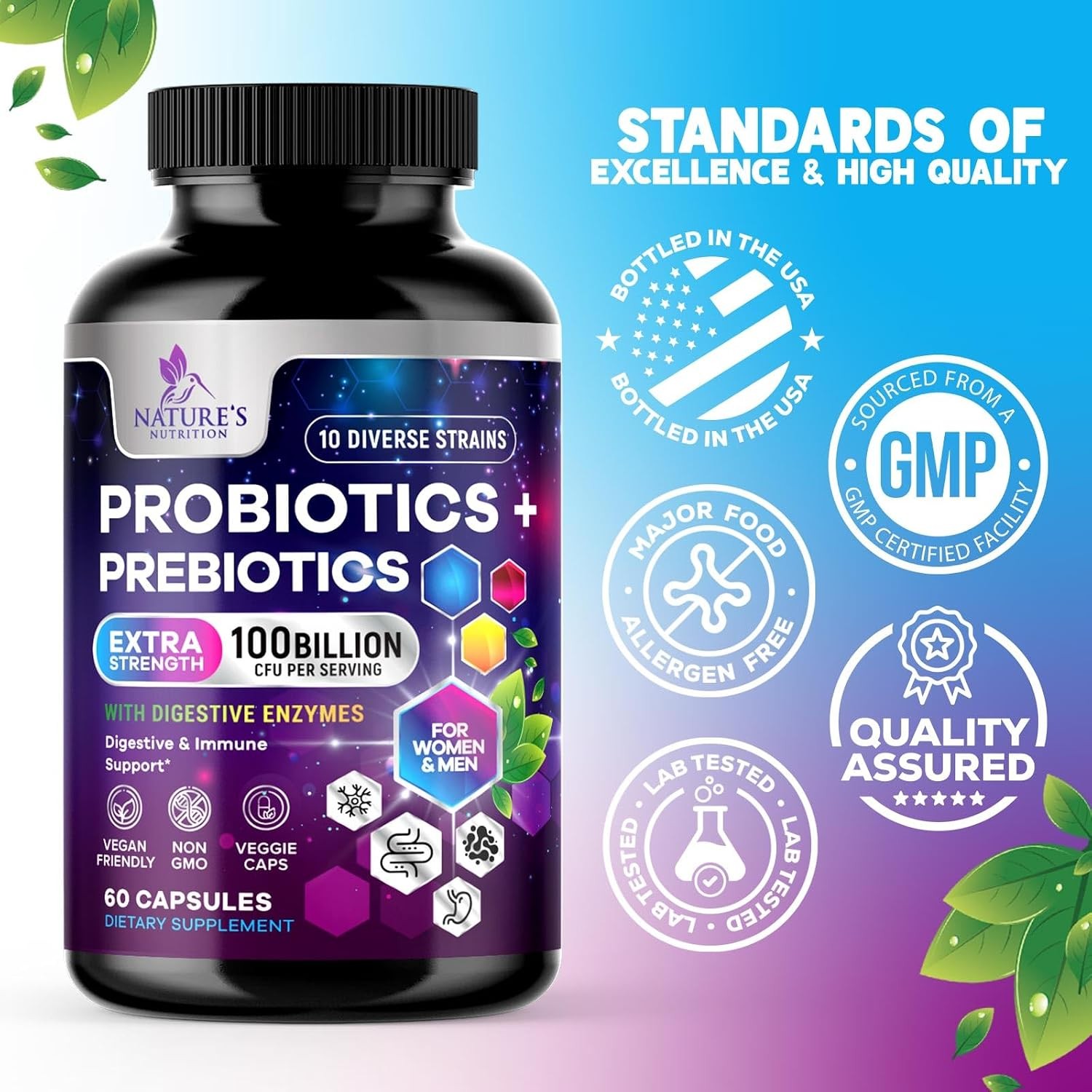 Daily Probiotic and Prebiotic Supplement 100 Billion CFU 10 Diverse Strains…