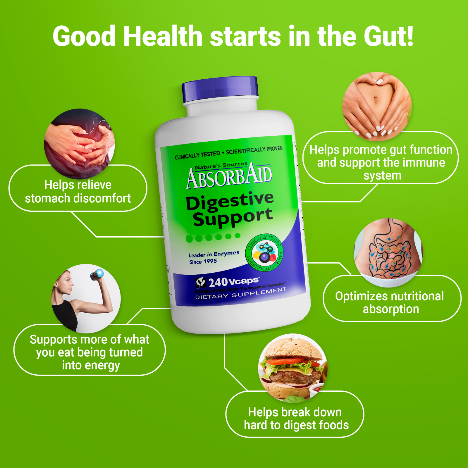 AbsorbAid Natural Digestive Enzyme relief for gas, bloating, acid reflux-240 cap