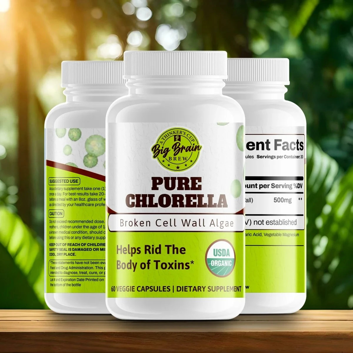 Big Brain Brew Pure Chlorella 500mg 60 Veggie Capsules Broken Cell Wall Algae