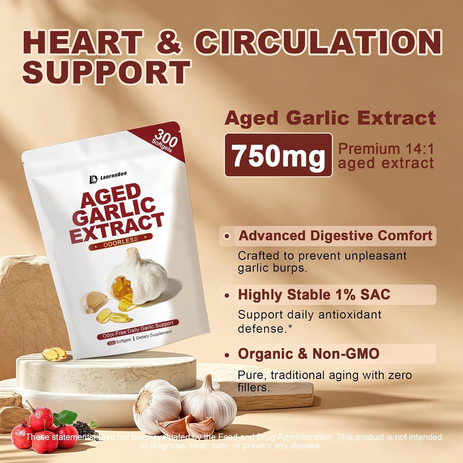 Aged Garlic Extract 750mg Softgels, Odorless Garlic Supplement, Standardized for