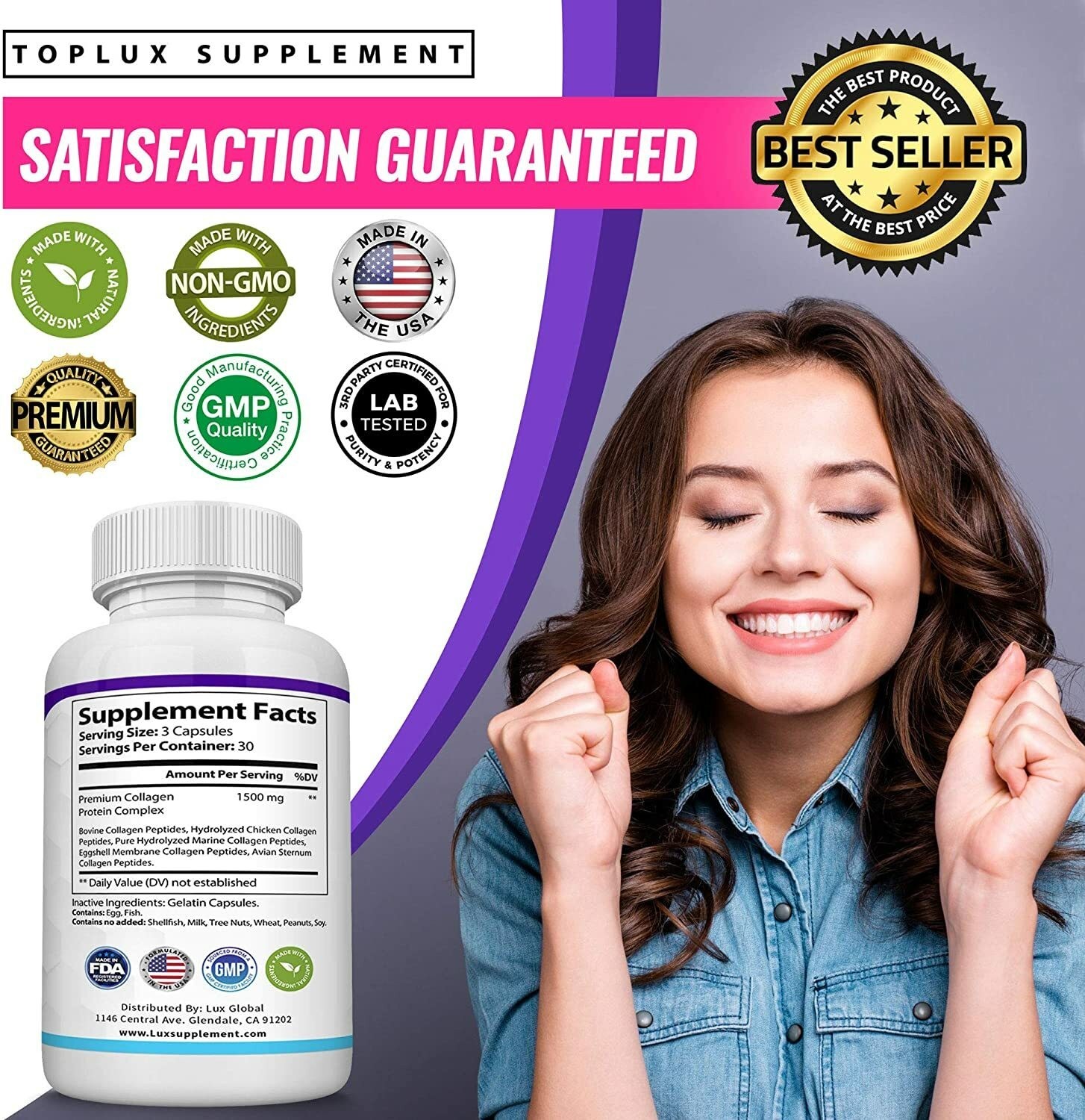 Premium Collagen Peptides 1500 MG Hydrolyzed Anti-Aging (Types I,II,III,V,X)*