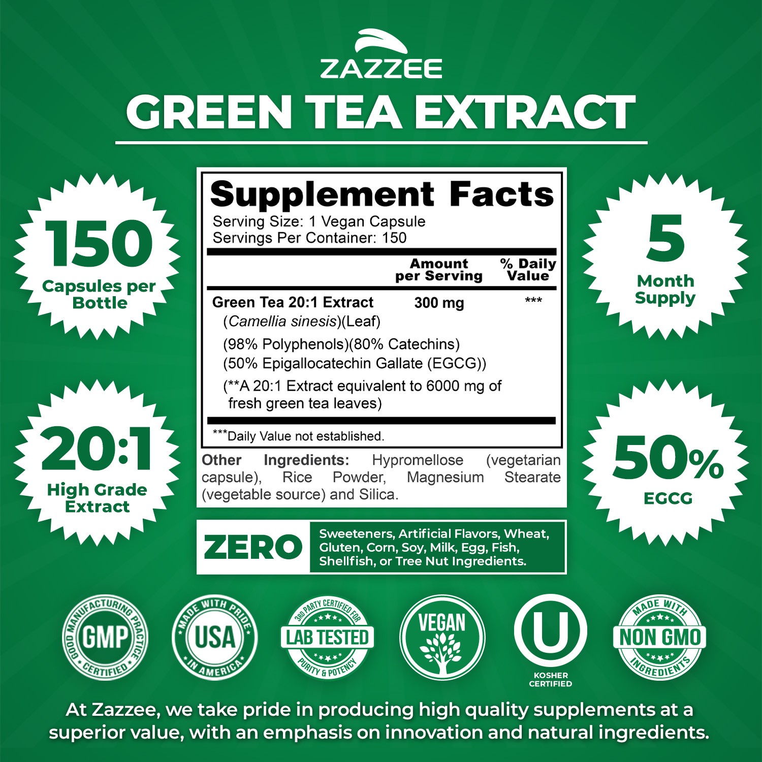 Extra Strength Green Tea 20:1 Extract, 6000 mg Strength, 150 Vegan Capsules