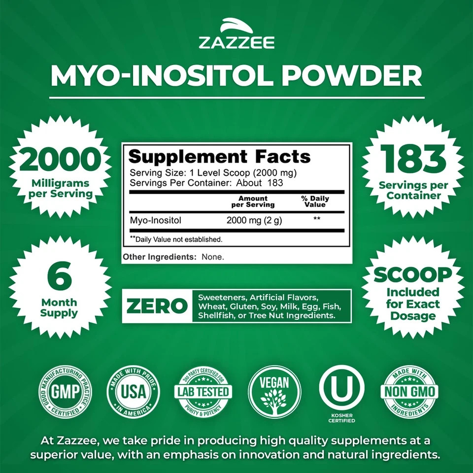 Zazzee Myo Inositol Powder 2000mg 183 Servings 12.91oz Kosher USA Made