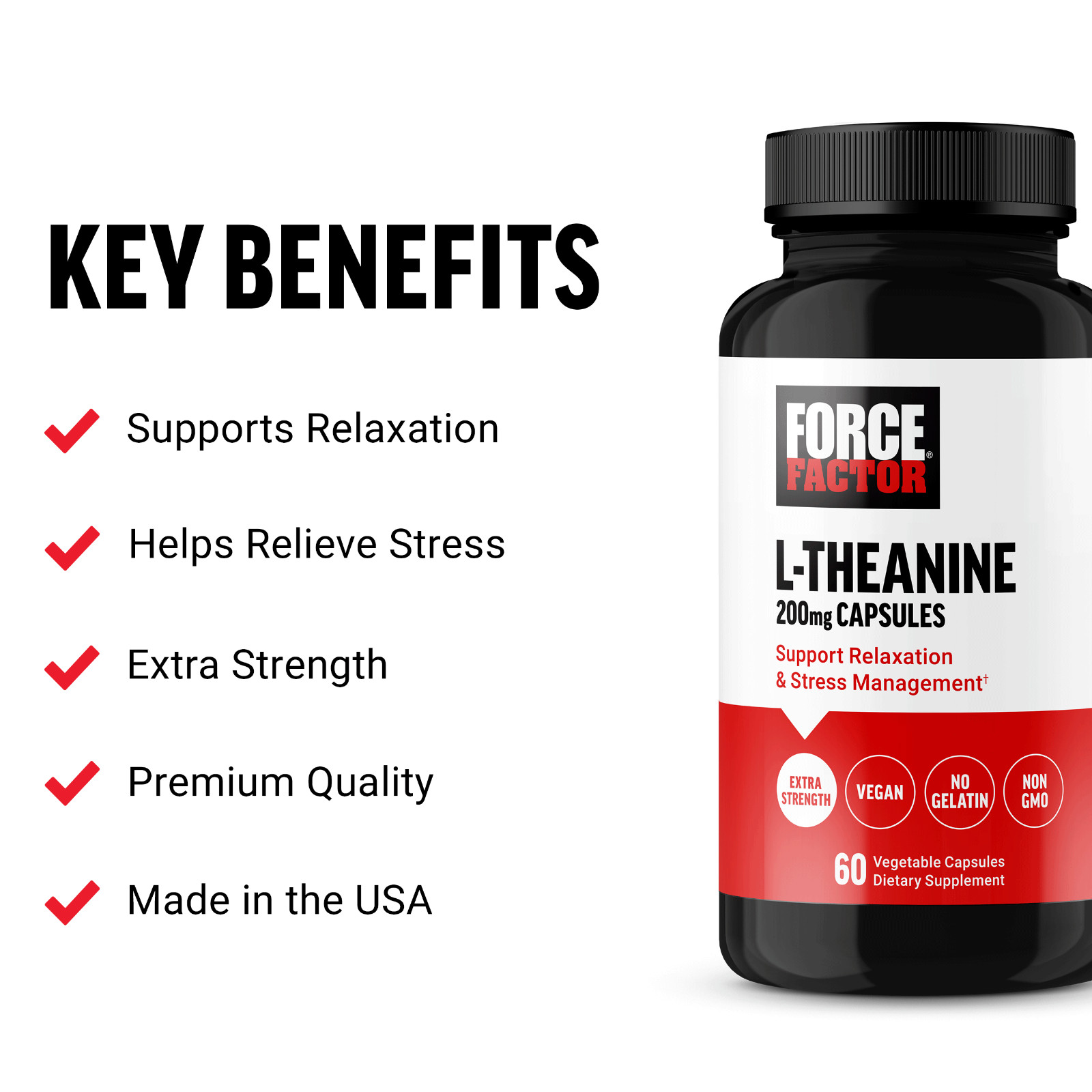 Force Factor L Theanine 200mg, Vegan, Non-GMO, L-Theanine Supplement, 60 Capsule