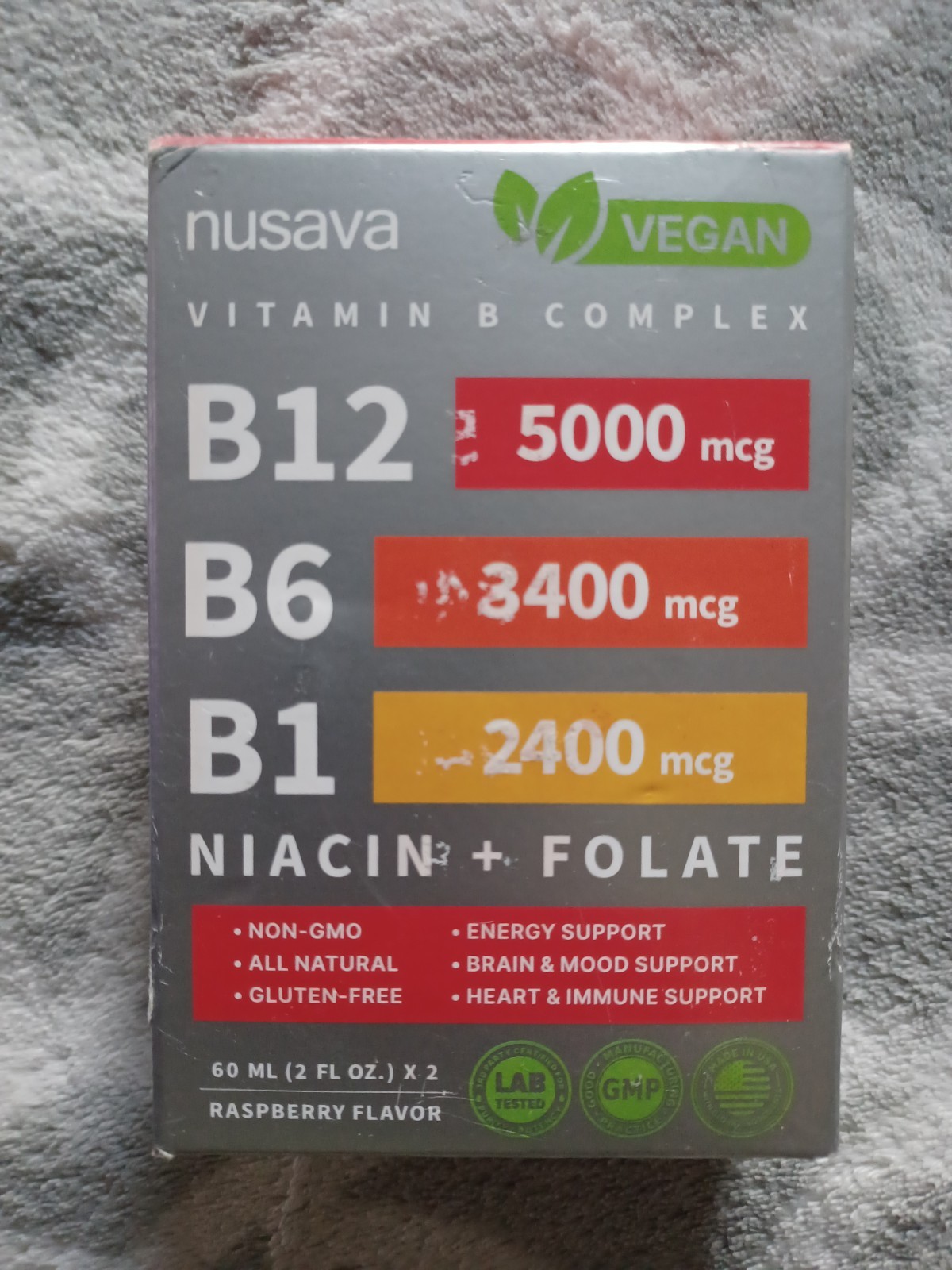 Nusava Vegan Liquid Vitamin B Complex B1 B3 B6 B9 B12 Raspberry 2x2oz 09/2026