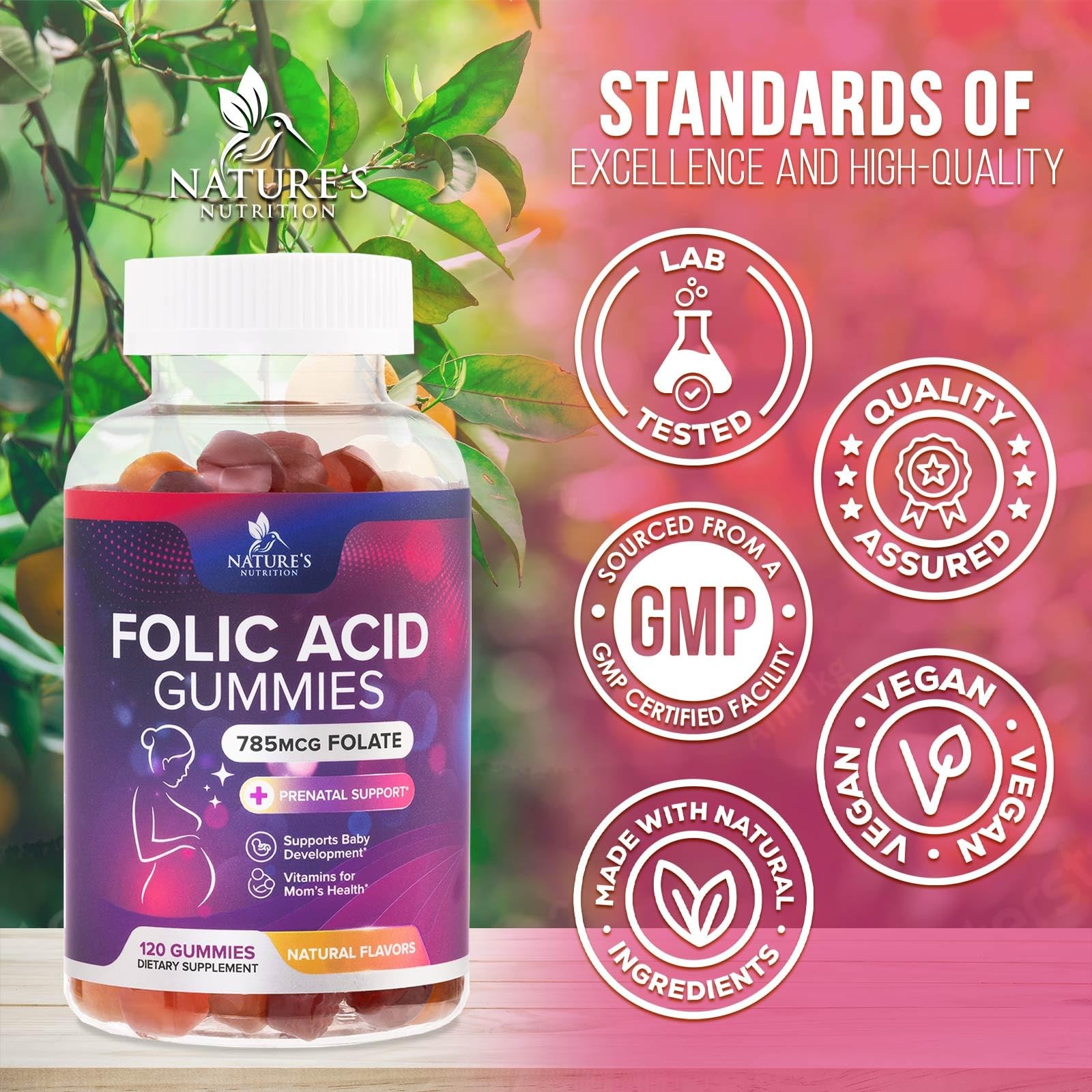 Folic Acid Gummies for Women – Folate 785 mcg Per Gummy 120 Count (Pack of 1)