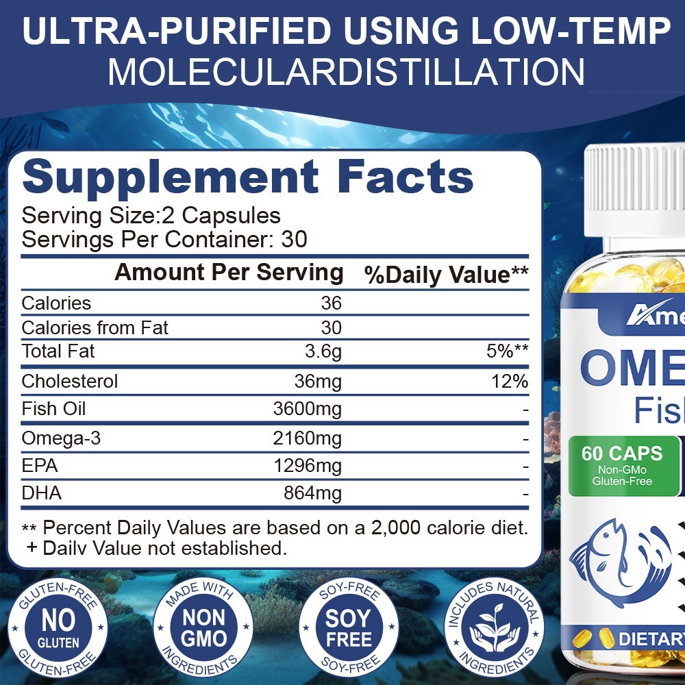 Omega 3 Fish Oil Capsules 3x Strength 3600mg EPA & DHA, Highest Potency