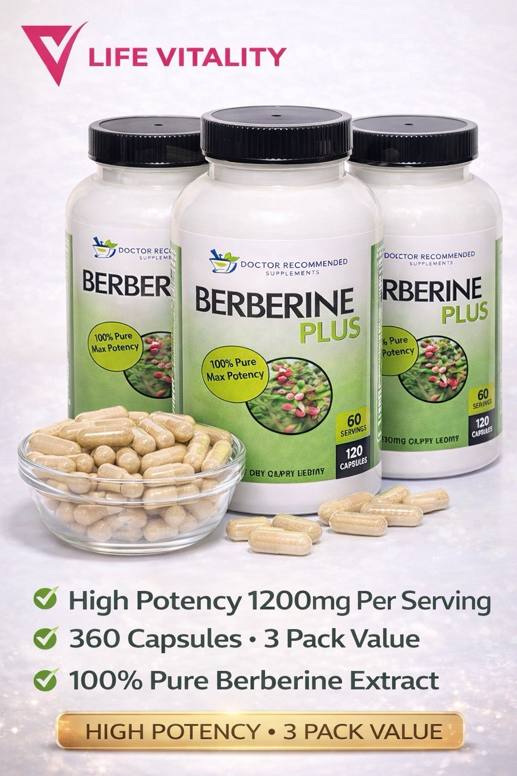 BERBERINE PLUS 1200mg 360 Veggie Caps 3PACK HIGH POTENCY HERBAL SUPPLEMENT