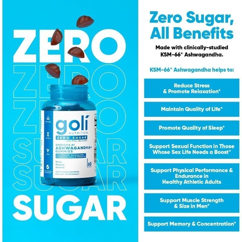 3-pcs Goli Zero Sugar Ashwagandha & Vitamin D, Maca, L-Theanine Gummies