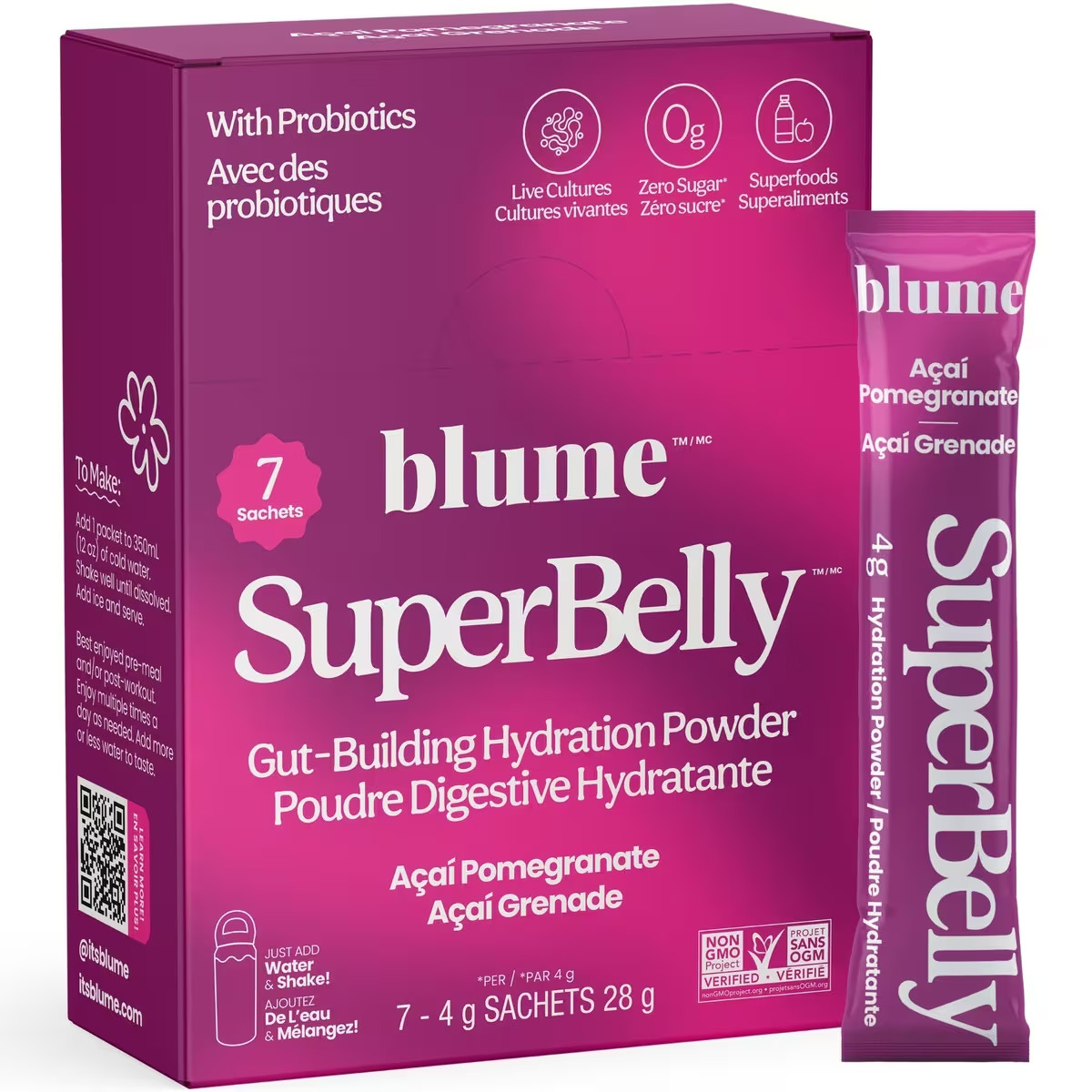 Blume SuperBelly Hydration Powder Acai Pomegranate Gut Build 7x 4g ea NEW