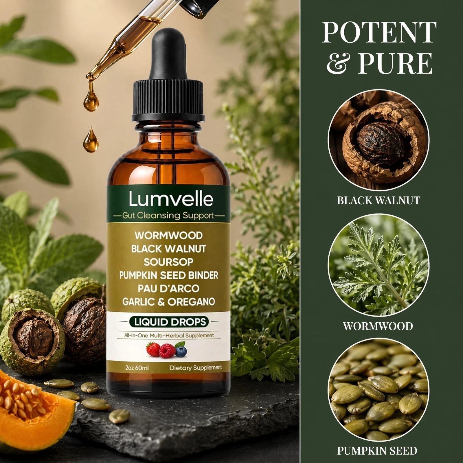 LUMVELLE Wild Harvested Wormwood Herbal Liquid Botanical Supplement Drops 60ml