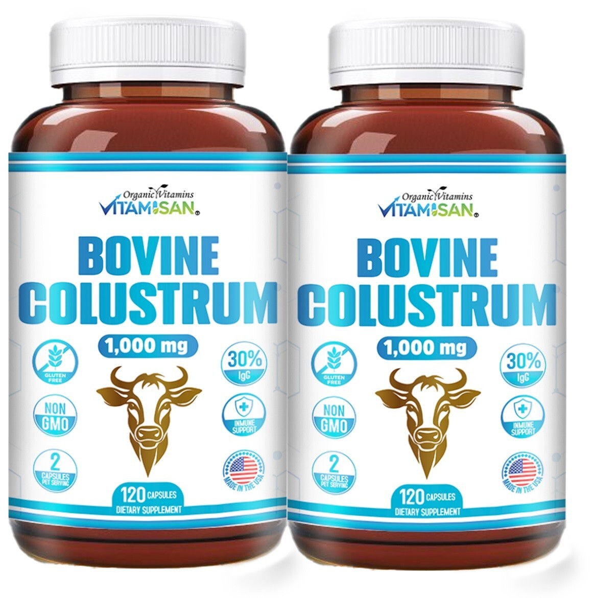 Bovine Colostrum Supplement – 30% IgG Lactoferrin, Immune Support (2 Pack) 240 c