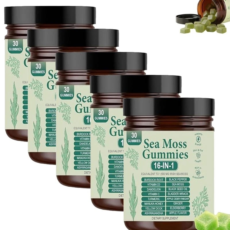 1-5x 16-in-1 Organic Sea Moss Gummy, Irishmoss Extract 6000Mg Green Apple Flavor