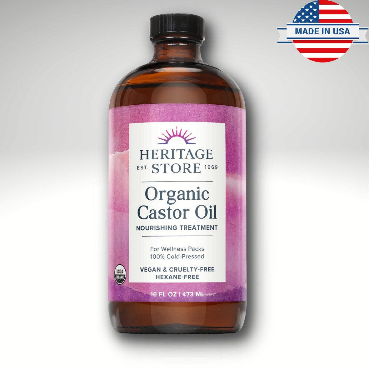 Heritage Store Organic Castor, Glass Bottle, Cold Pressed, Rich Hydration, 16oz