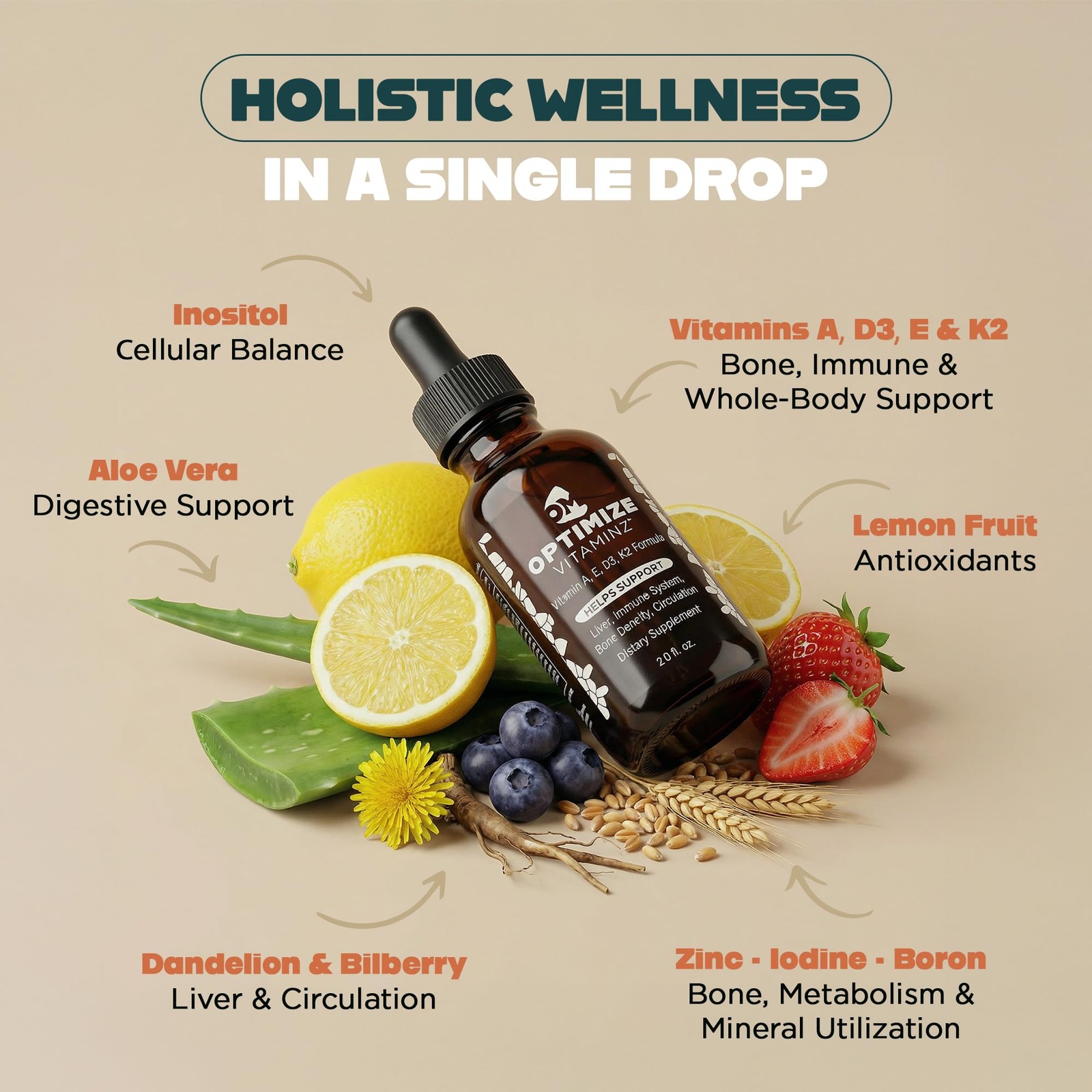 Optimize Minerals Optimize Vitaminz Liquid Vitamin D3 K2 Drops Dandelion