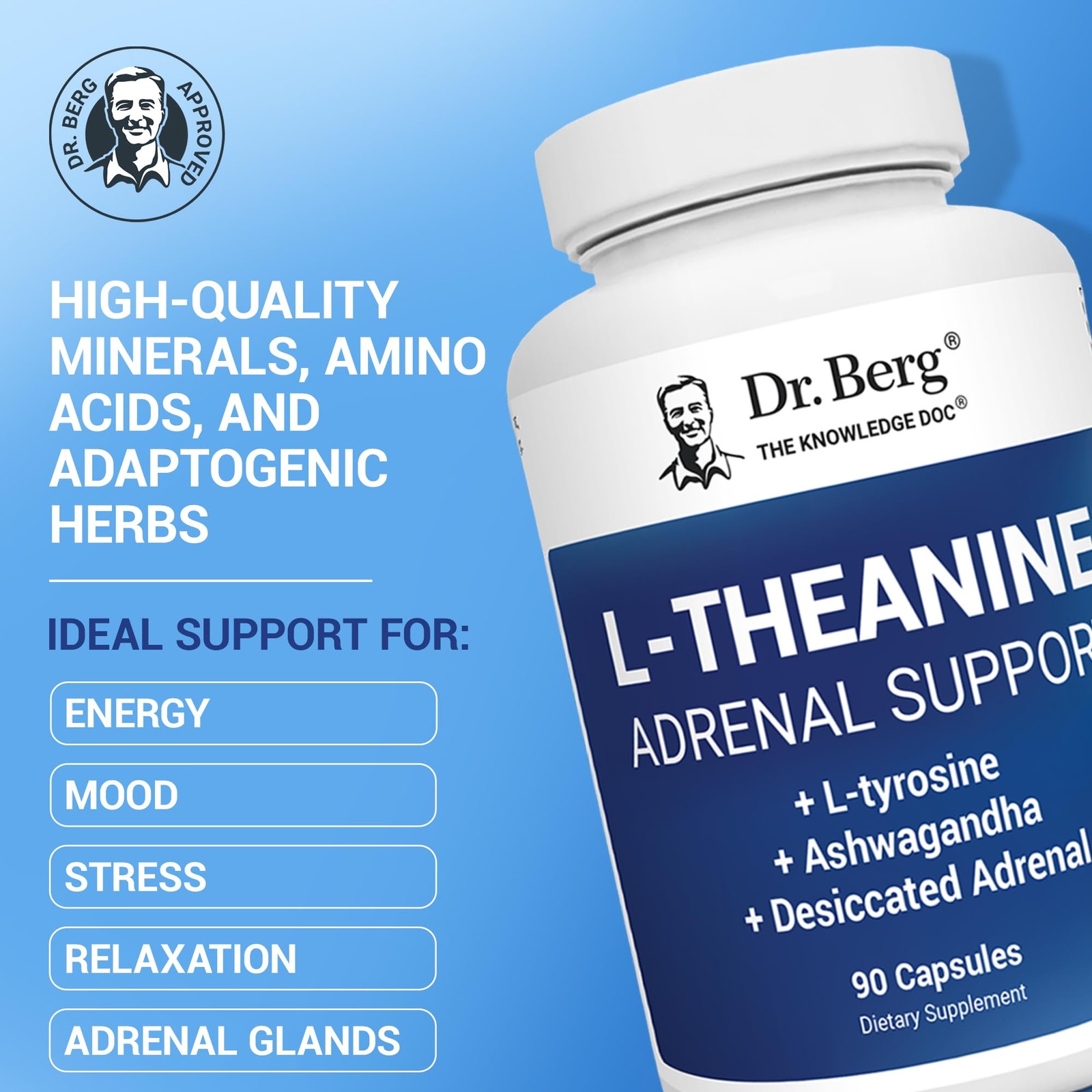 Dr. Berg 200 mg L-Theanine Adrenal Support – 90 Capsules 90 Count (Pack of 1)