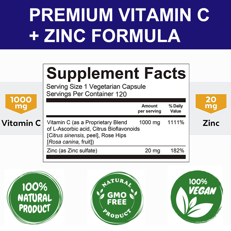 Vitamin C & Zinc Capsules – Immune System Support & Antioxidant Defense 60/120pc