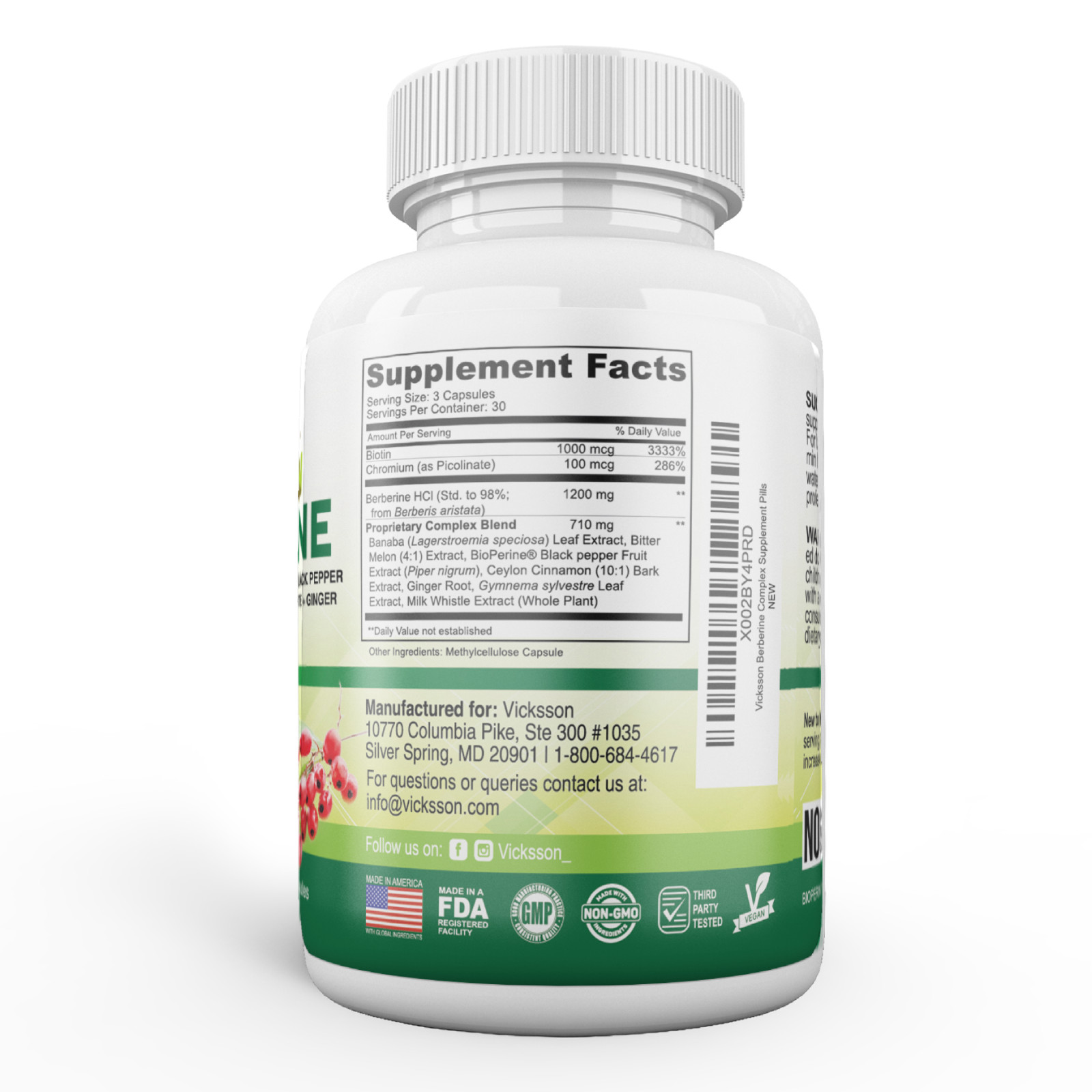 Vicksson Berberine Complex 1200mg Immune System, Weight Management 90Ct