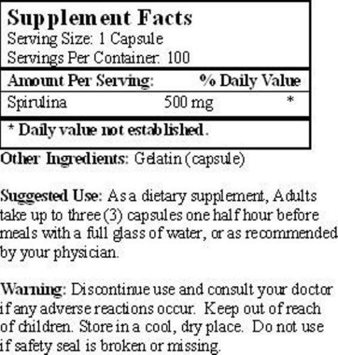 100 CAPSULES SPIRULINA 500 mg BLUE GREEN ALGAE 100% PURE NATURAL