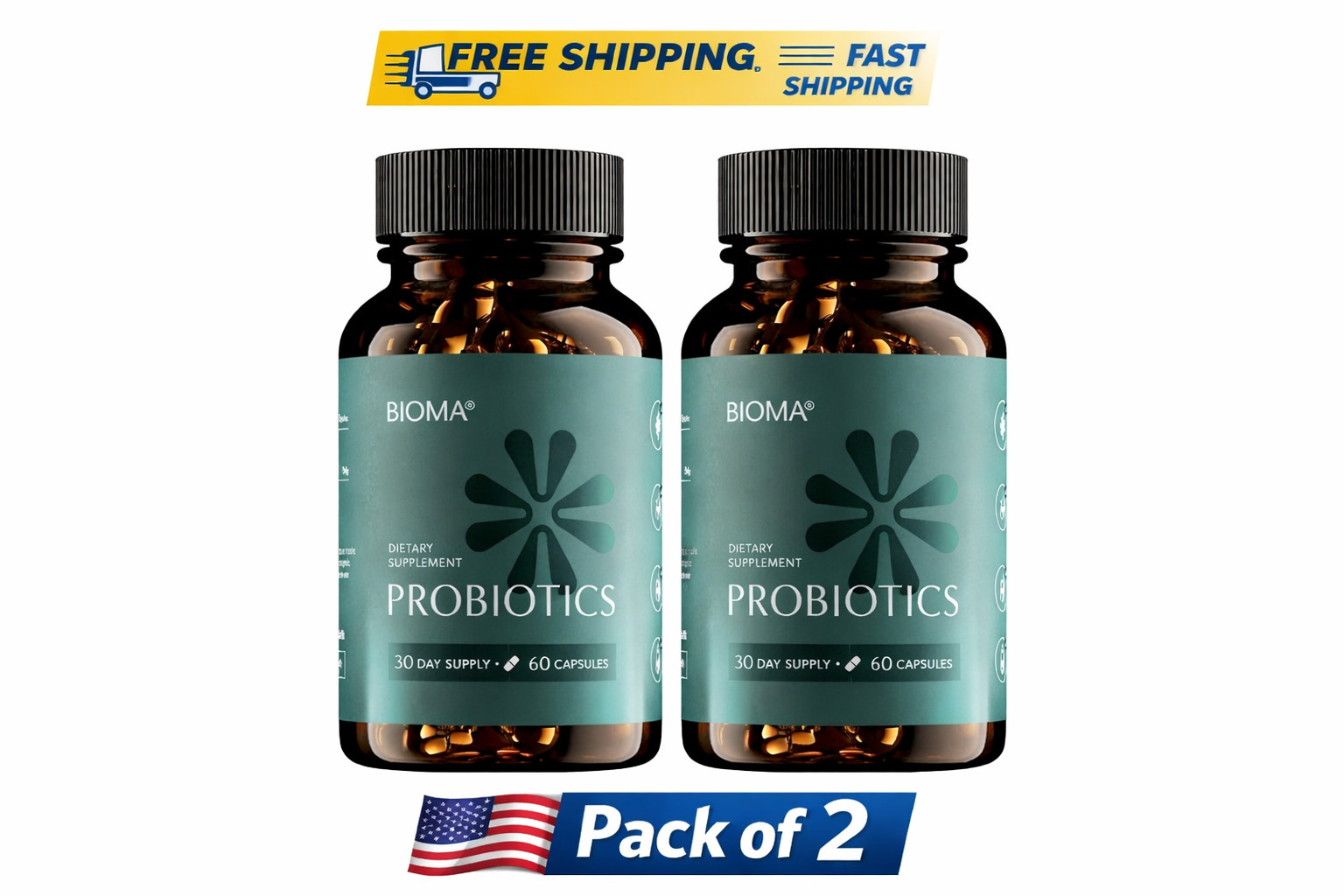 Pack Of 2 BIOMA Probiotics Digestive Health Support for Men & Women 60 Capsules