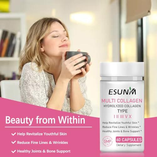 ESUNM Multi Collagen Capsules for Women and Men – Type I, II, III, V, X – with C
