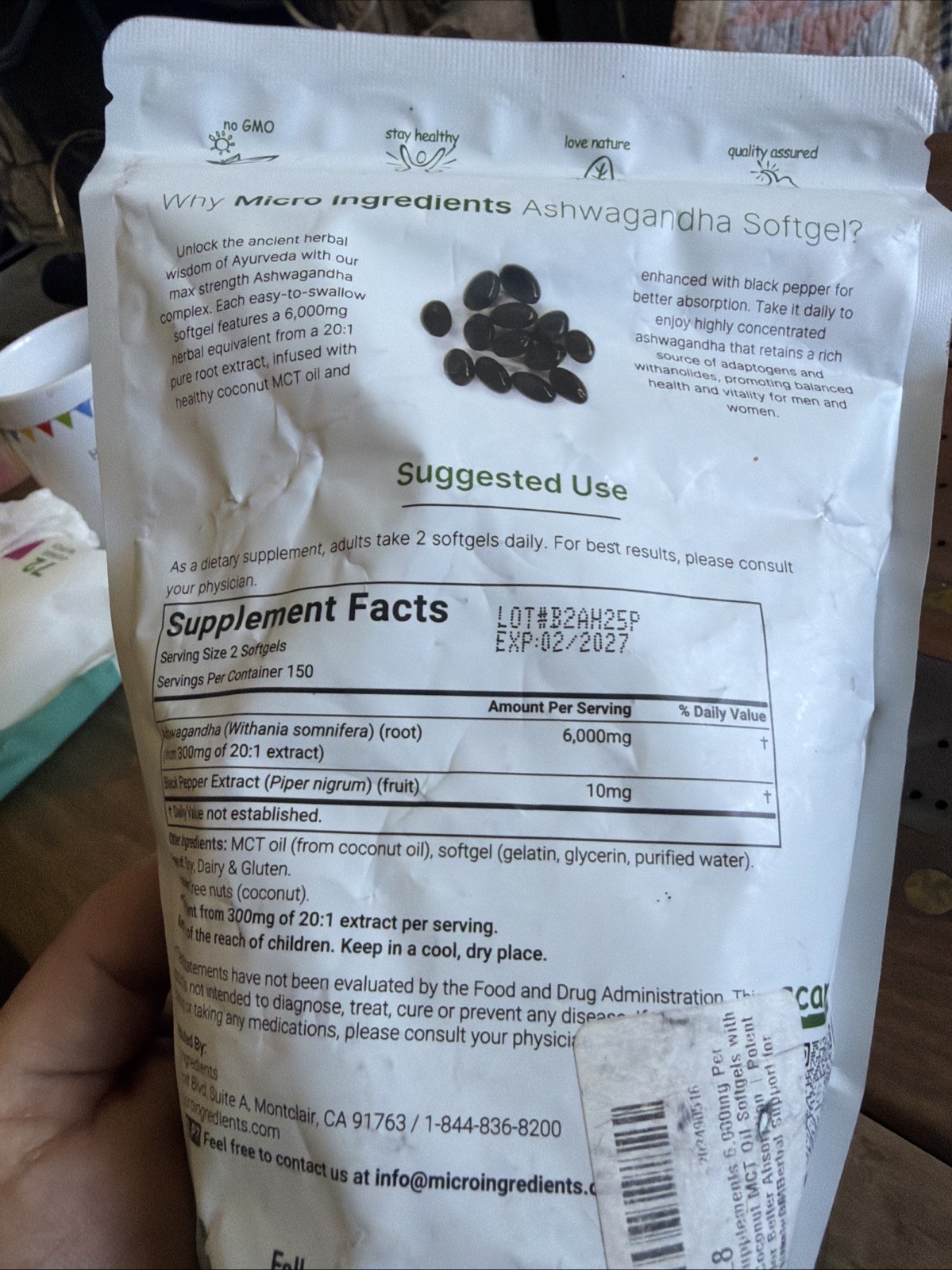 Micro Ingredients Ashwagandha Made with MCT Oil 300 Softgels Sealed Exp 02/2027