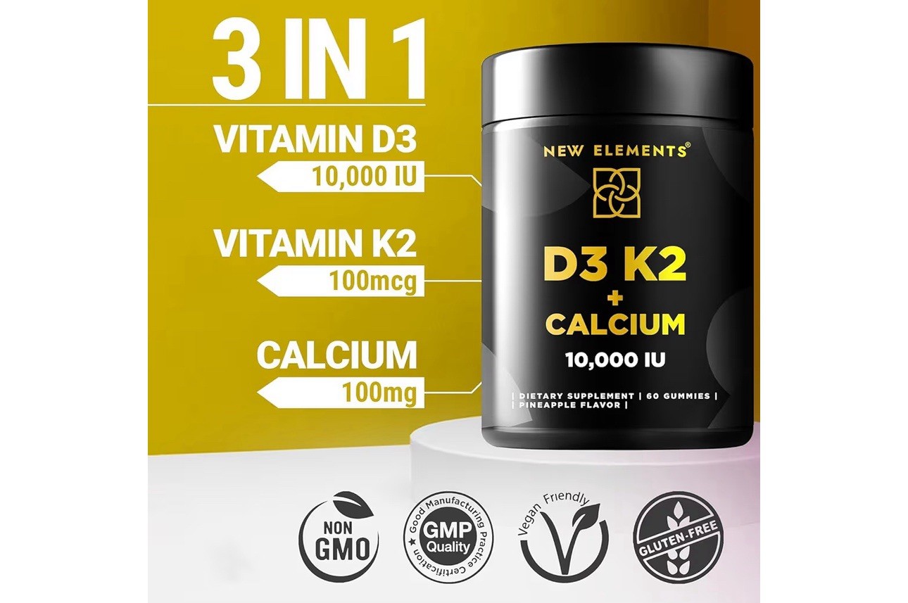 NEW ELEMENTS Vitamin D3 K2 + Calcium Gummies 10,000 IU 60 Count Exp 07/2026