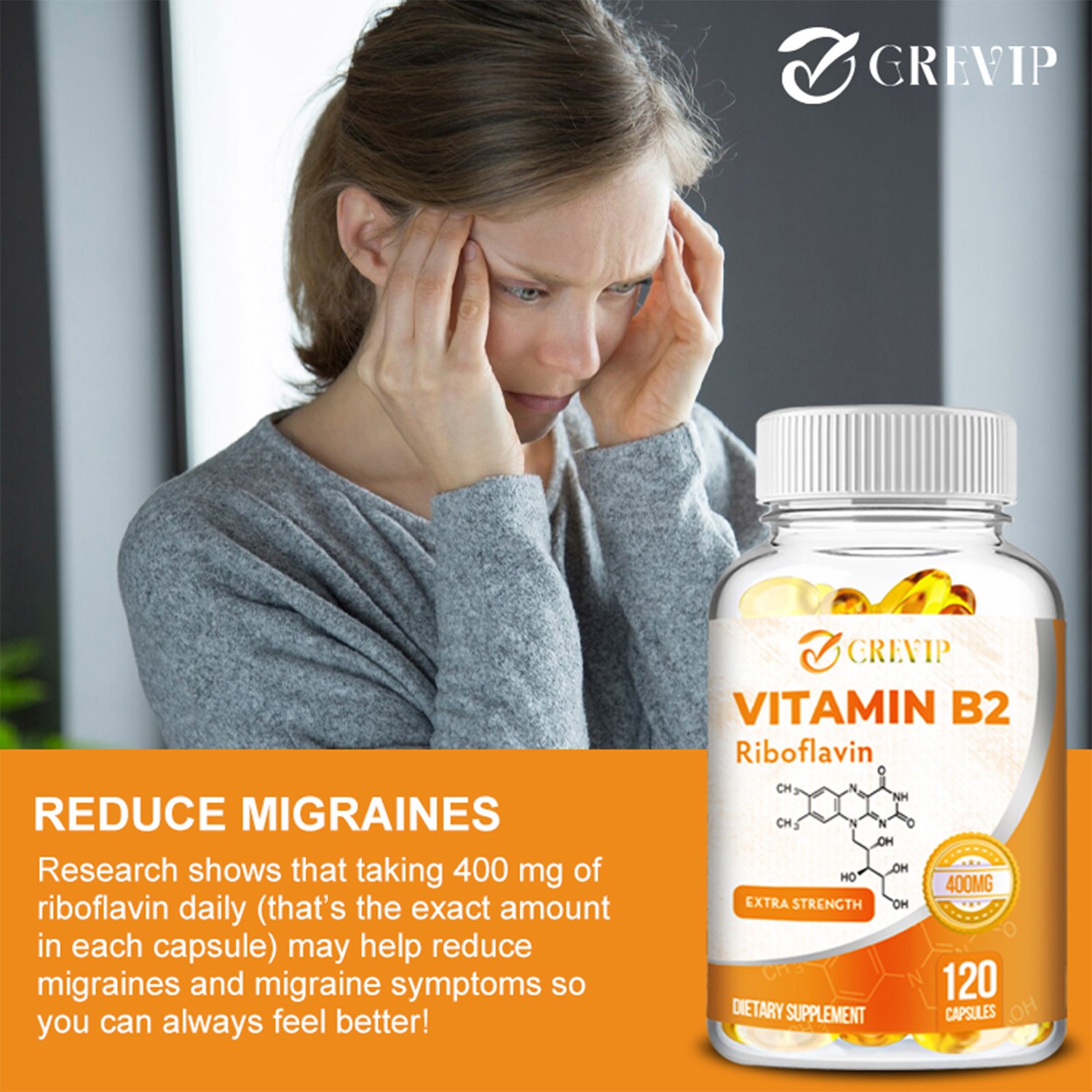 GREVIP Vitamin B2 400mg – High Strength Energy, Metabolism & Nerve Support
