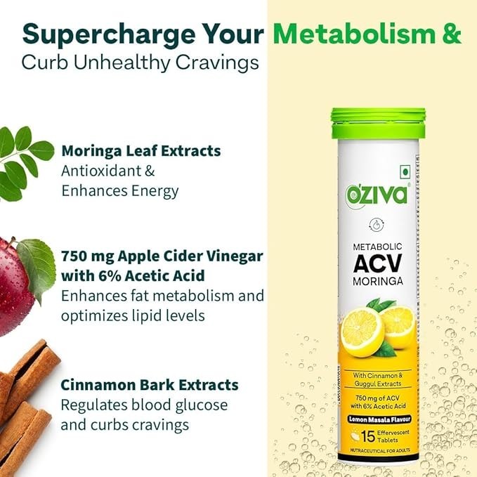 OZiva ACV Moringa Tablets Effervescent Lemon Masala 180 Tablets Free shipping