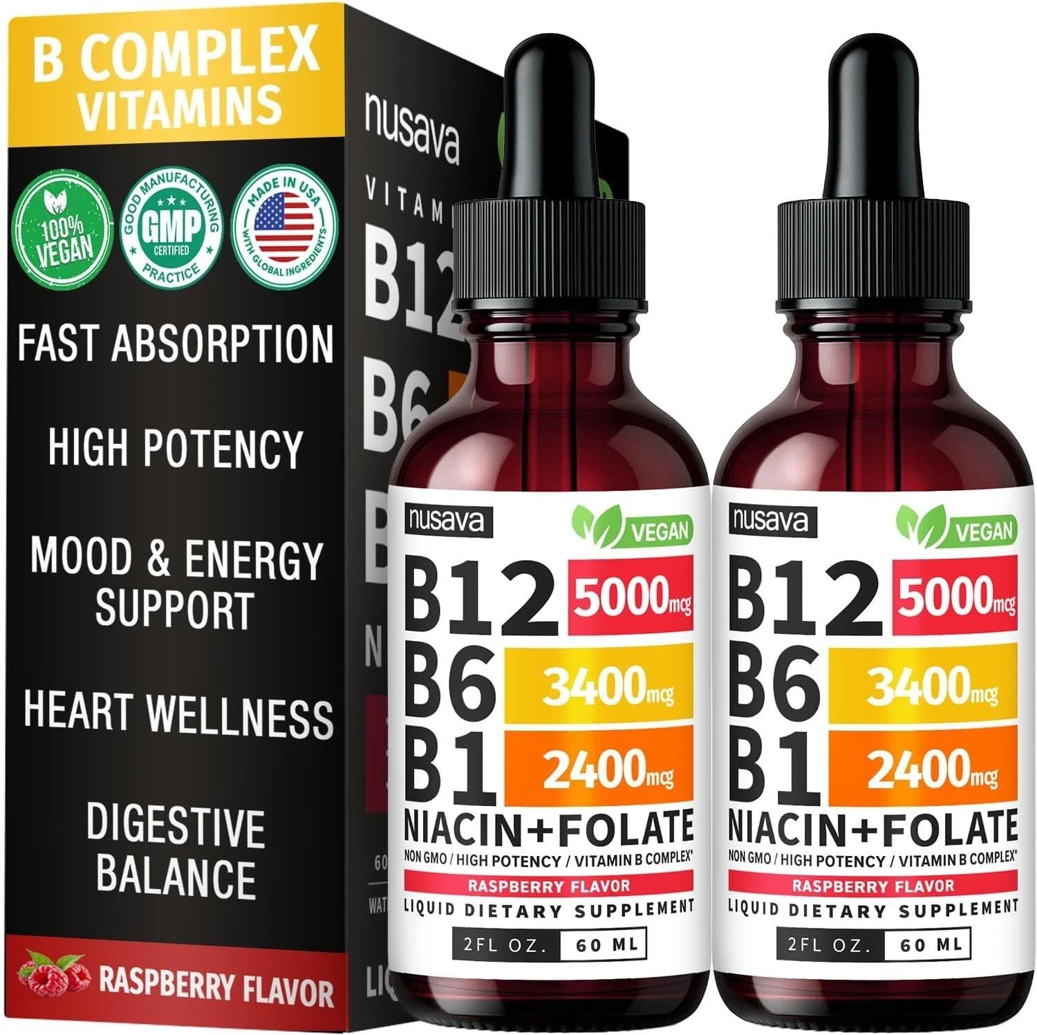 NUSAVA Vitamin B12 Drops – 3 Pack – 5000mcg – Raspberry – 80 Servings+*