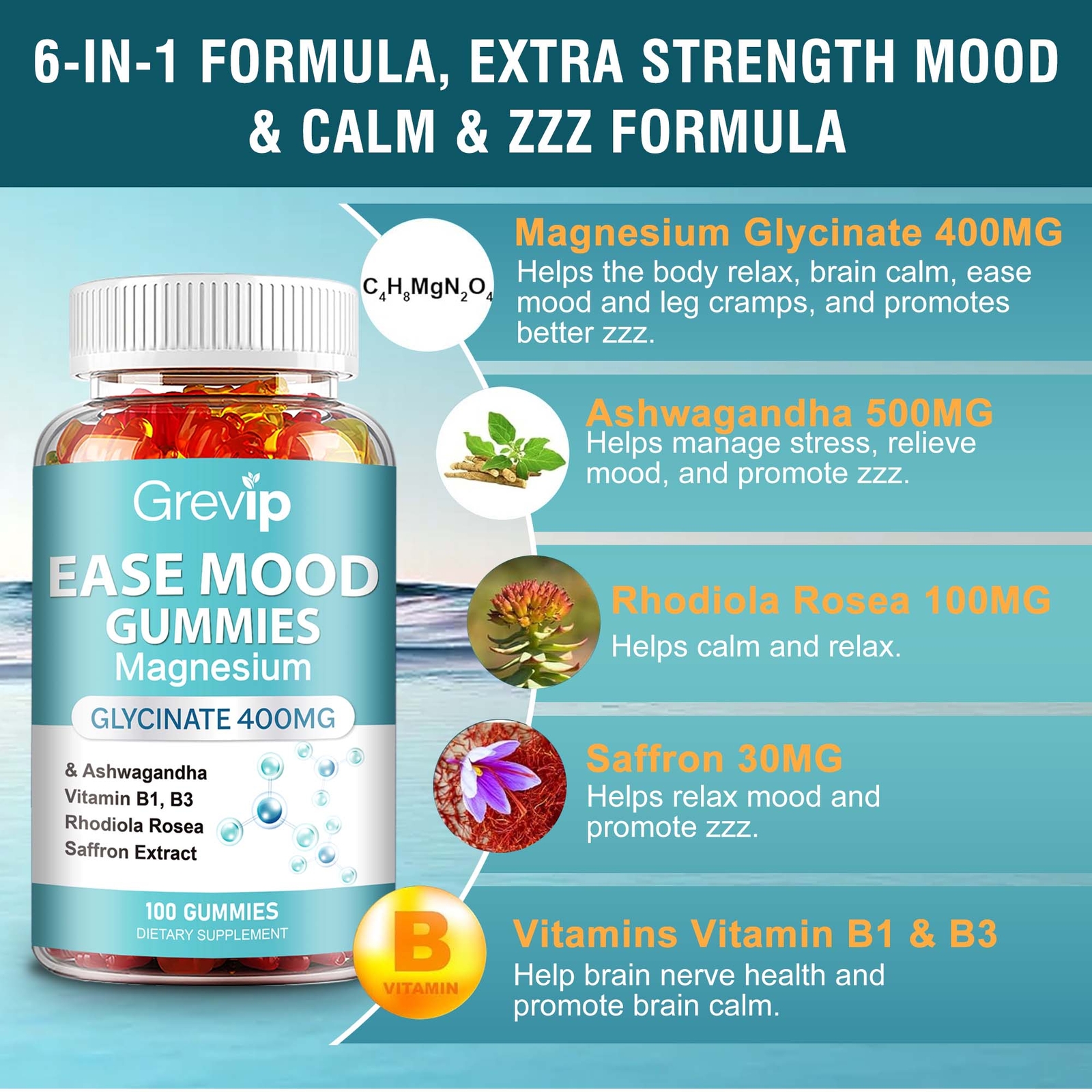 Ease Mood – Ashwagandha, Magnesium Glycinate, Rhodiola Rosea – Improves Focus