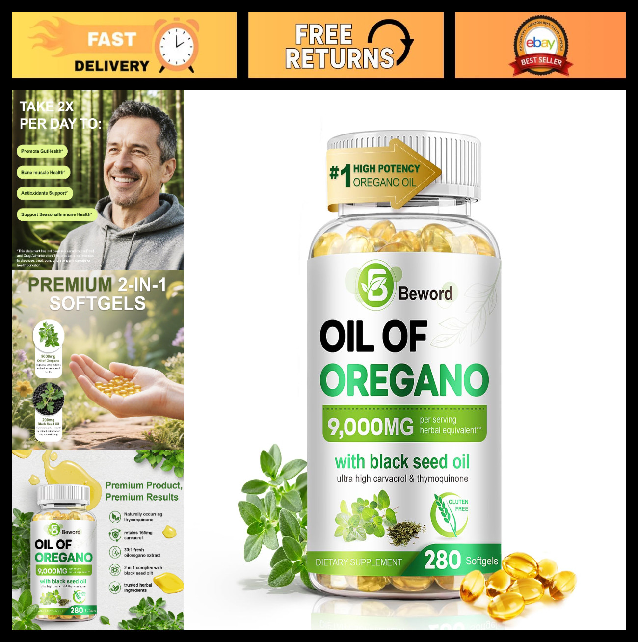Oil of Oregano & Black Seed Oil, 280 Softgels, 9000mg | Immune Support, High Car