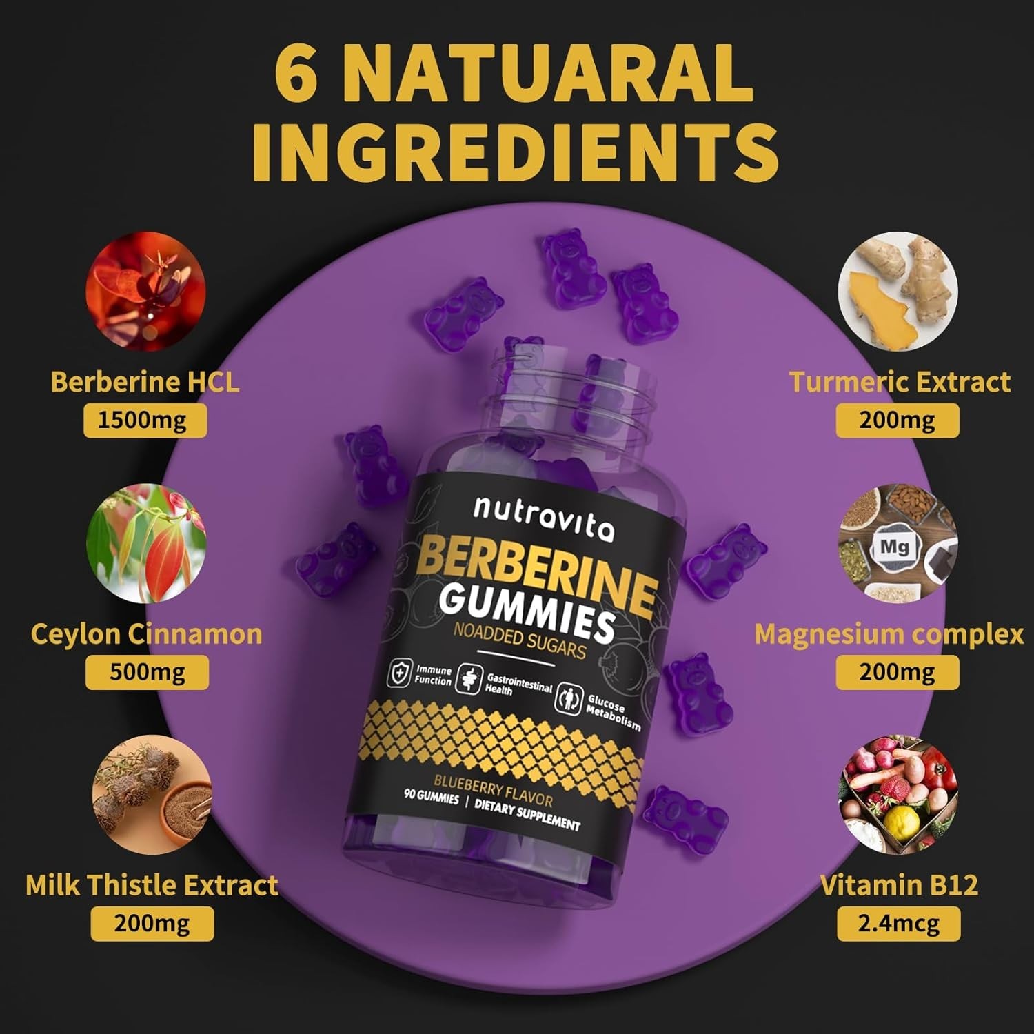 Berberine Gummies with Ceylon Cinnamon 1500mg High Potency Berberine HCL Supp…