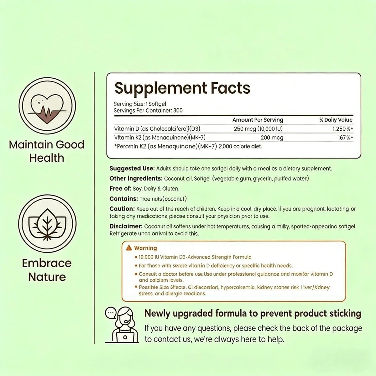 3PCS VEV D3 K2 10000 IU Softgels with Coconut Oil, 2-in-1 Vitamin Support 300 Ct