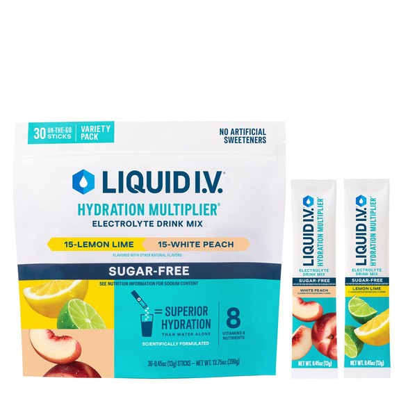 Liquid IV Hydration Multiplier, Sugar-Free Lemon Lime/White Peach 30CT EXP 10/27