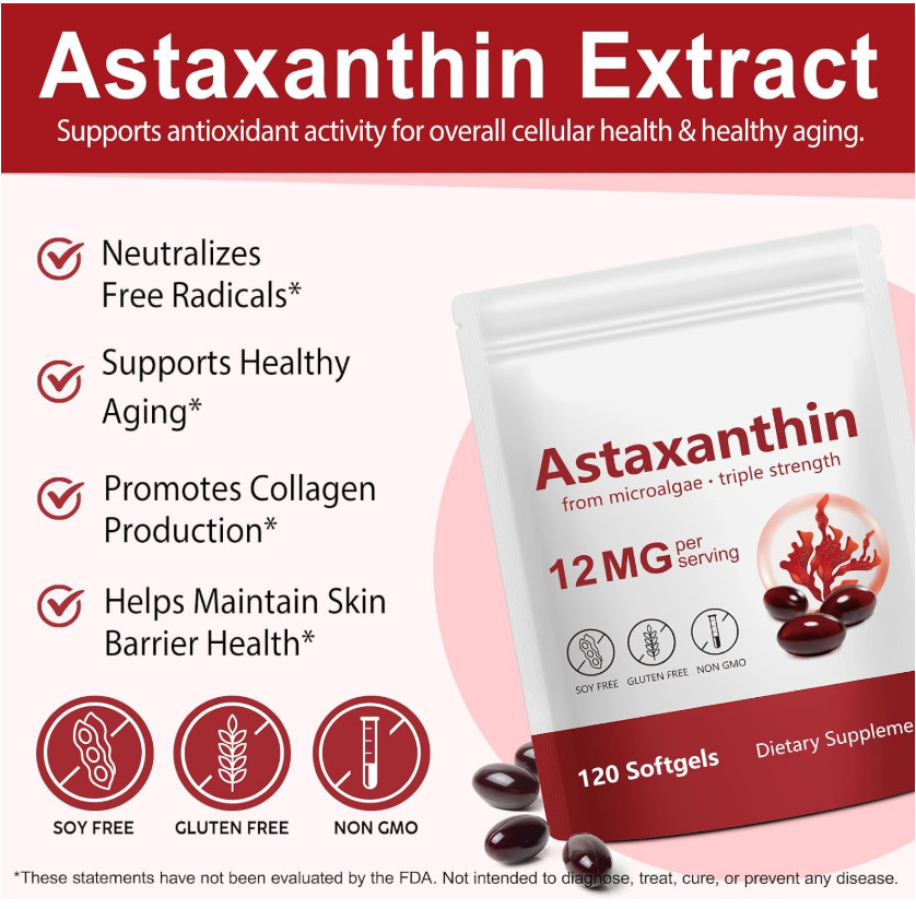 Astaxanthin 12mg 120 Softgels, 4 Month Supply,Triple Strength,Non-GMO,Eye Health