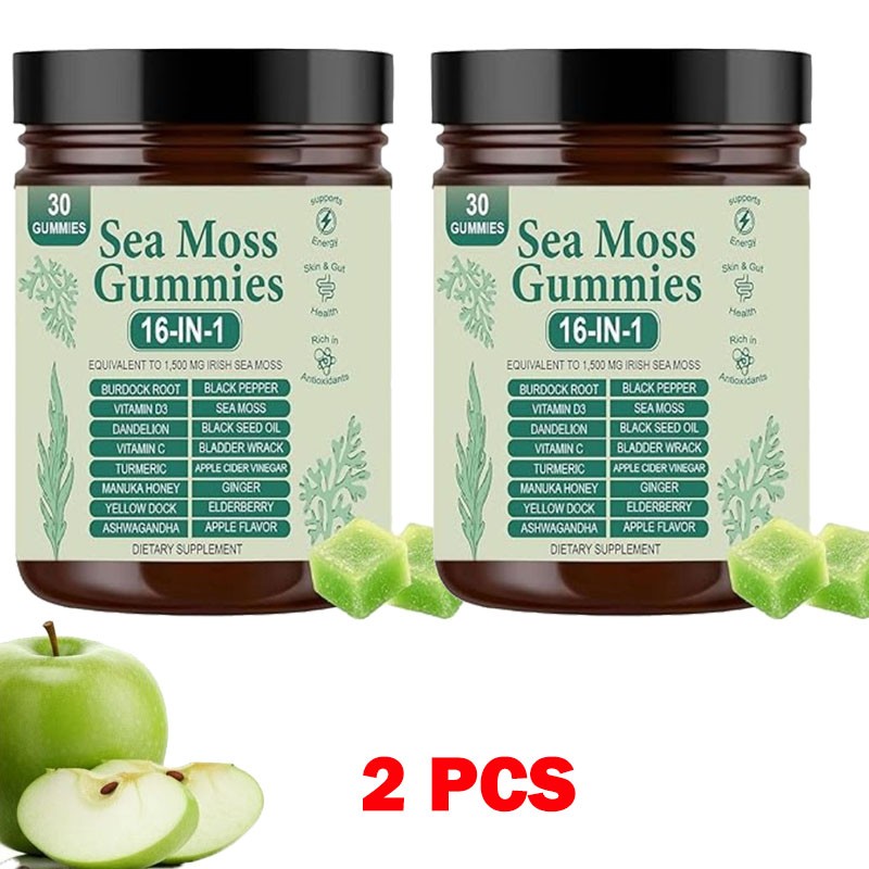 Quality 16 in 1 Organic Sea Moss Gummy | Irishmoss Extract 6000Mg | Green Apple
