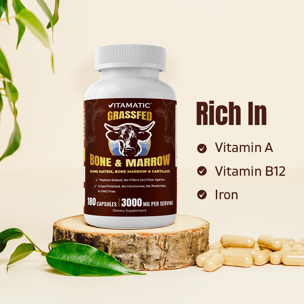 Vitamatic Grass-Fed Beef Bone & Marrow – Freeze-Dried, Non-GMO- 180 Caps