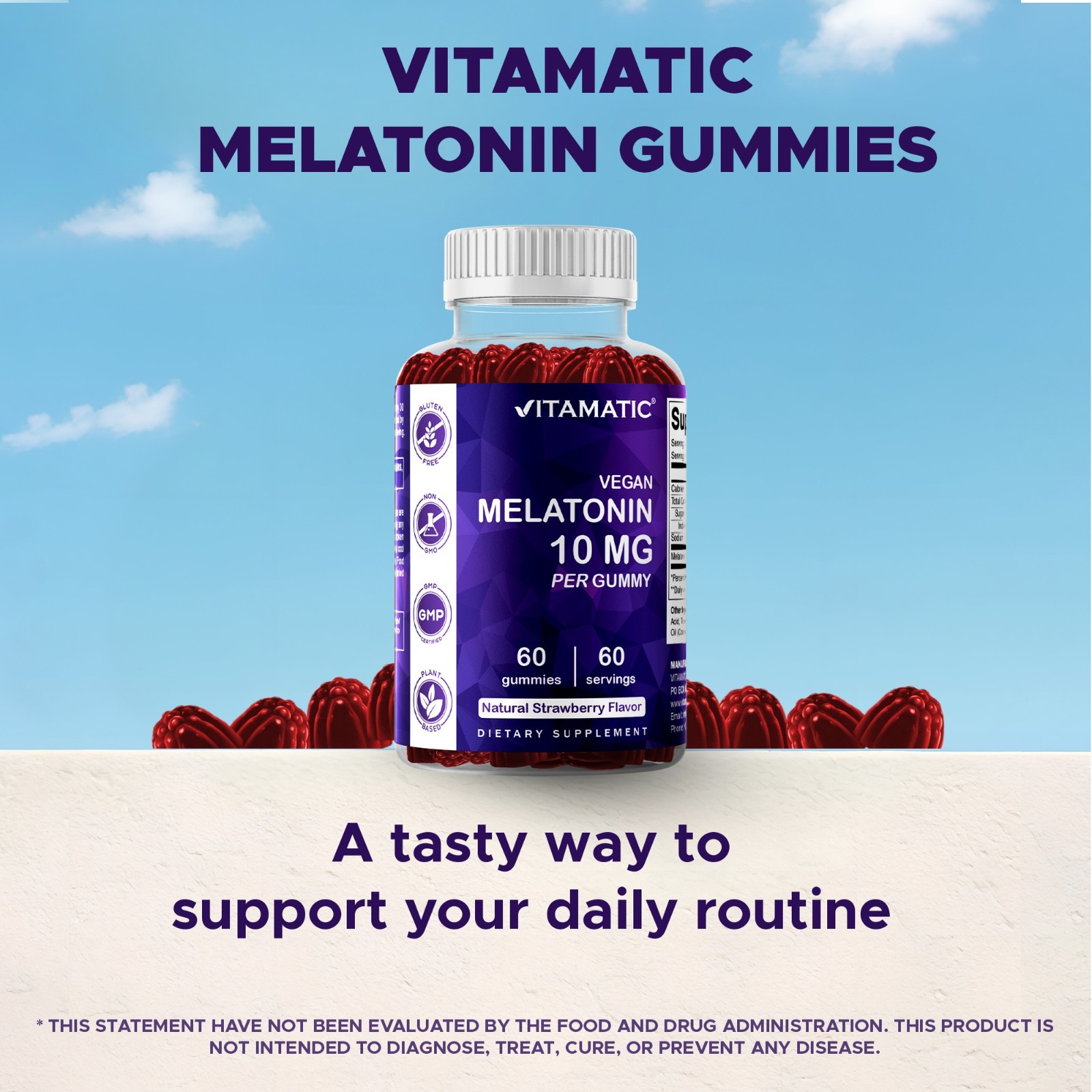 Vitamatic Melatonin 10mg per gummy – 60 Servings – 60 Vegetarian Gummies