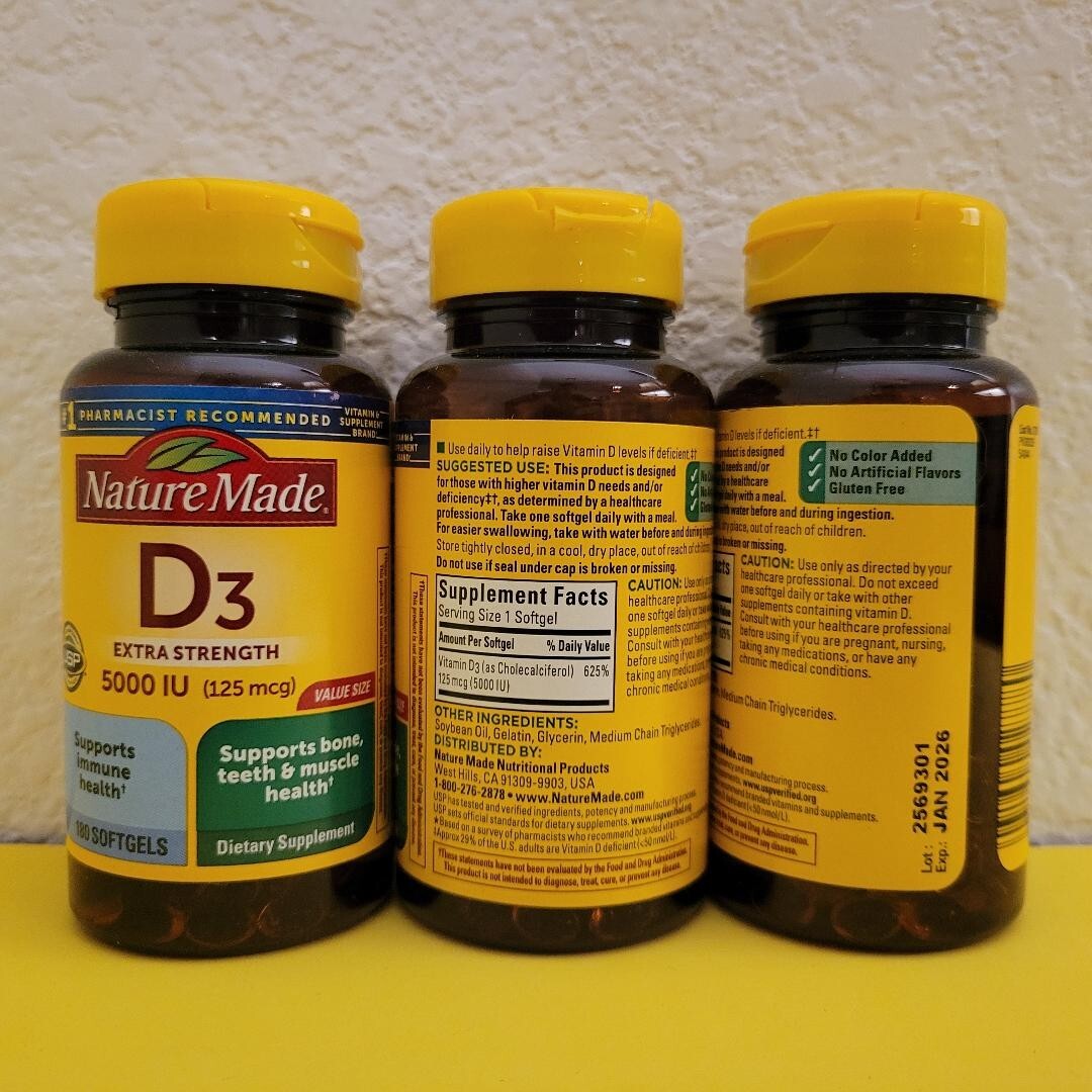Nature Made -Vitamin D3 5000 IU(125mcg) Extra Strength 180 Count Each Lot of 3