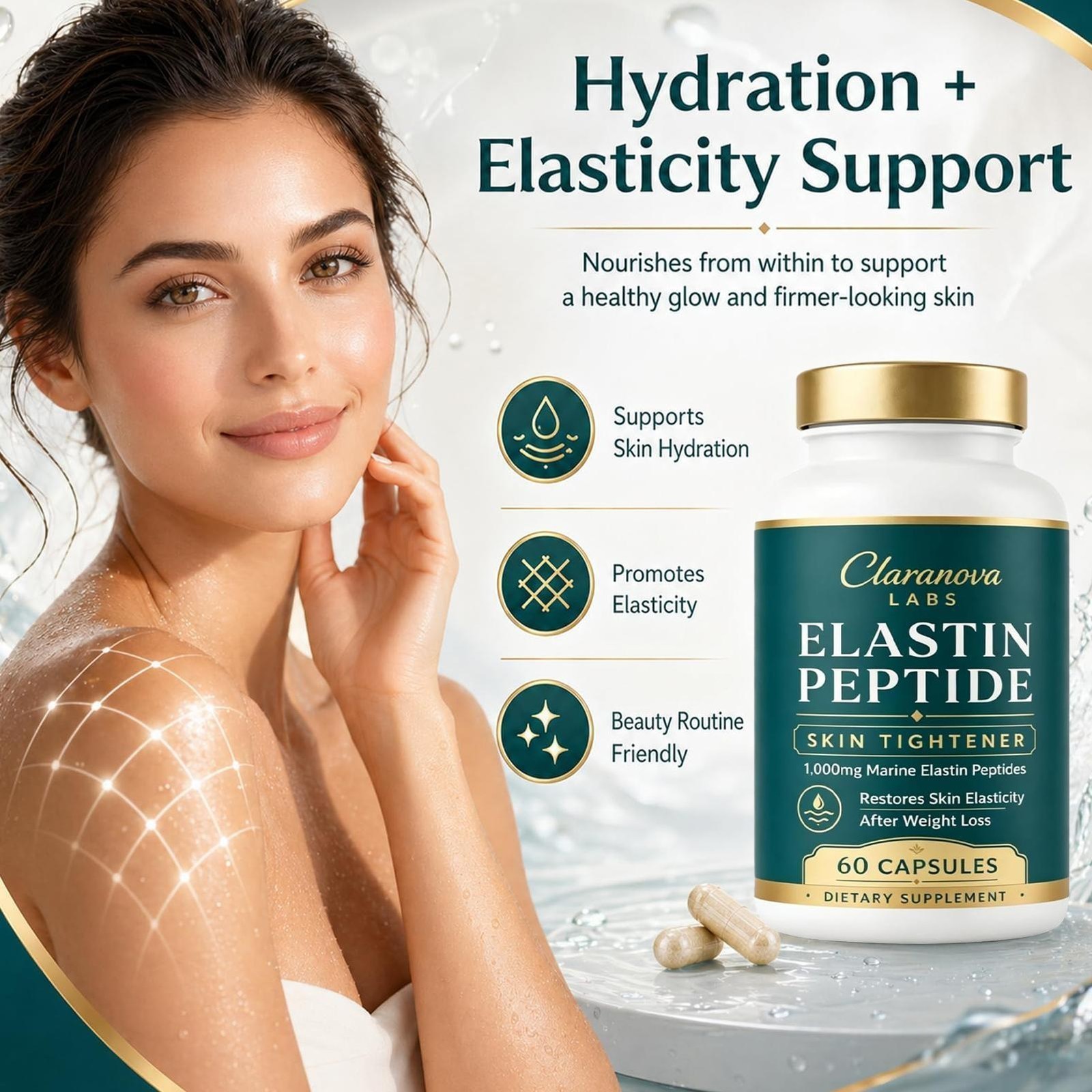 Claranova Labs Marine Elastin Peptides, Elastin Peptide Skin Tightening 60 Ct X3