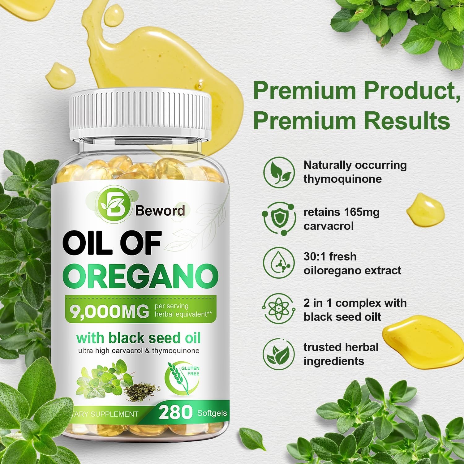 Oil of Oregano & Black Seed Oil, 280 Softgels, 9000mg | Immune Support, High Car
