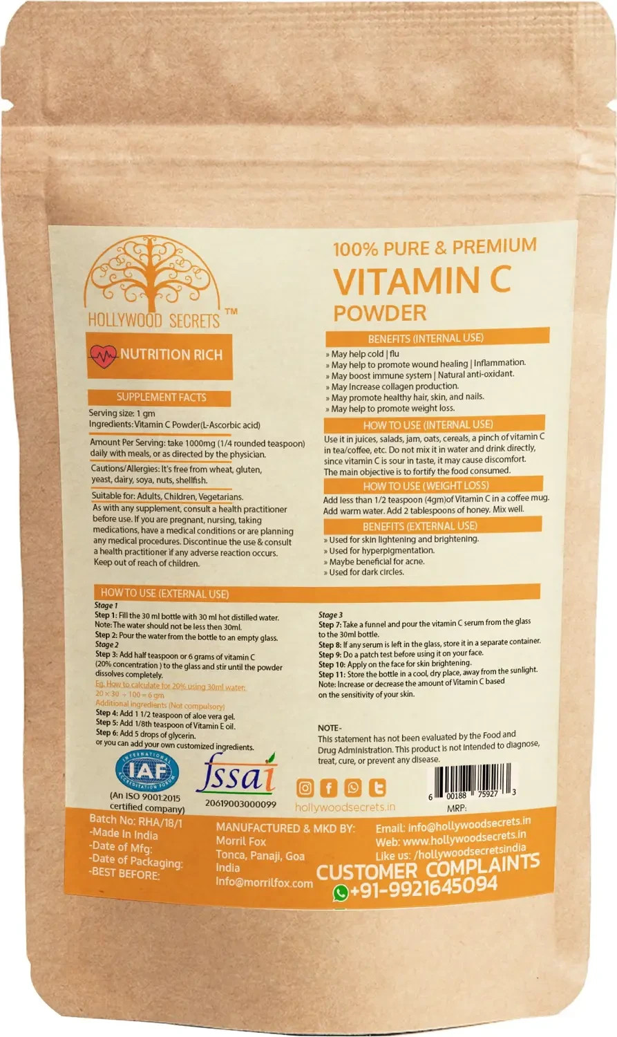 100% Pure Vitamin C Powder Ascorbic Acid – Herbal Immunity & Antioxidant – 100gm