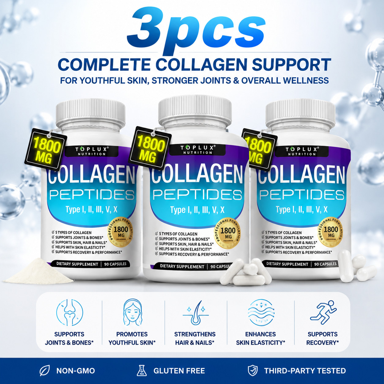3pcs Toplux Multi Collagen Peptides 1800mg Types I II III V X 180 Capsules
