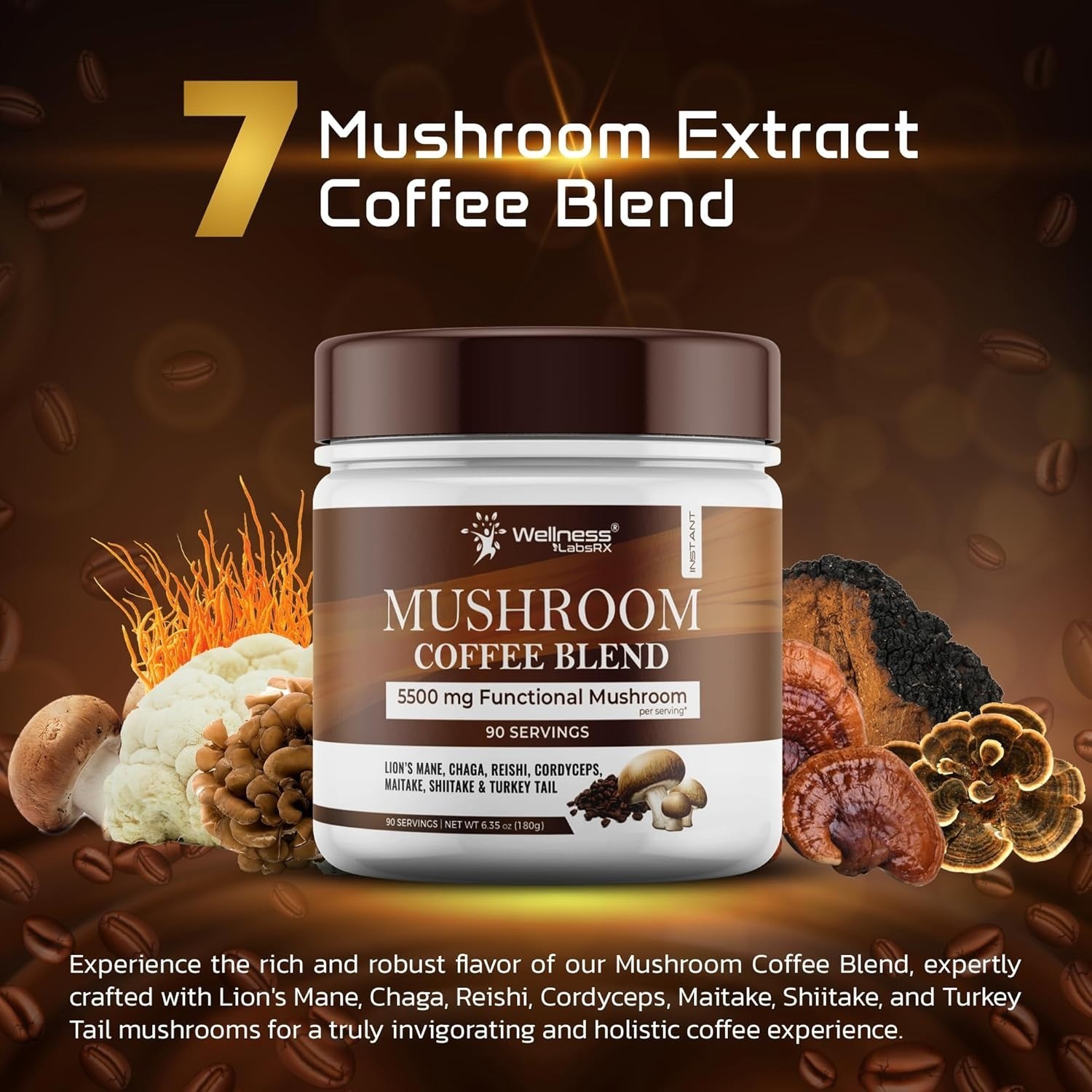 Mushroom Coffee 90 Servings | Lions Mane, Reishi, Chaga, Keto Instant Blend