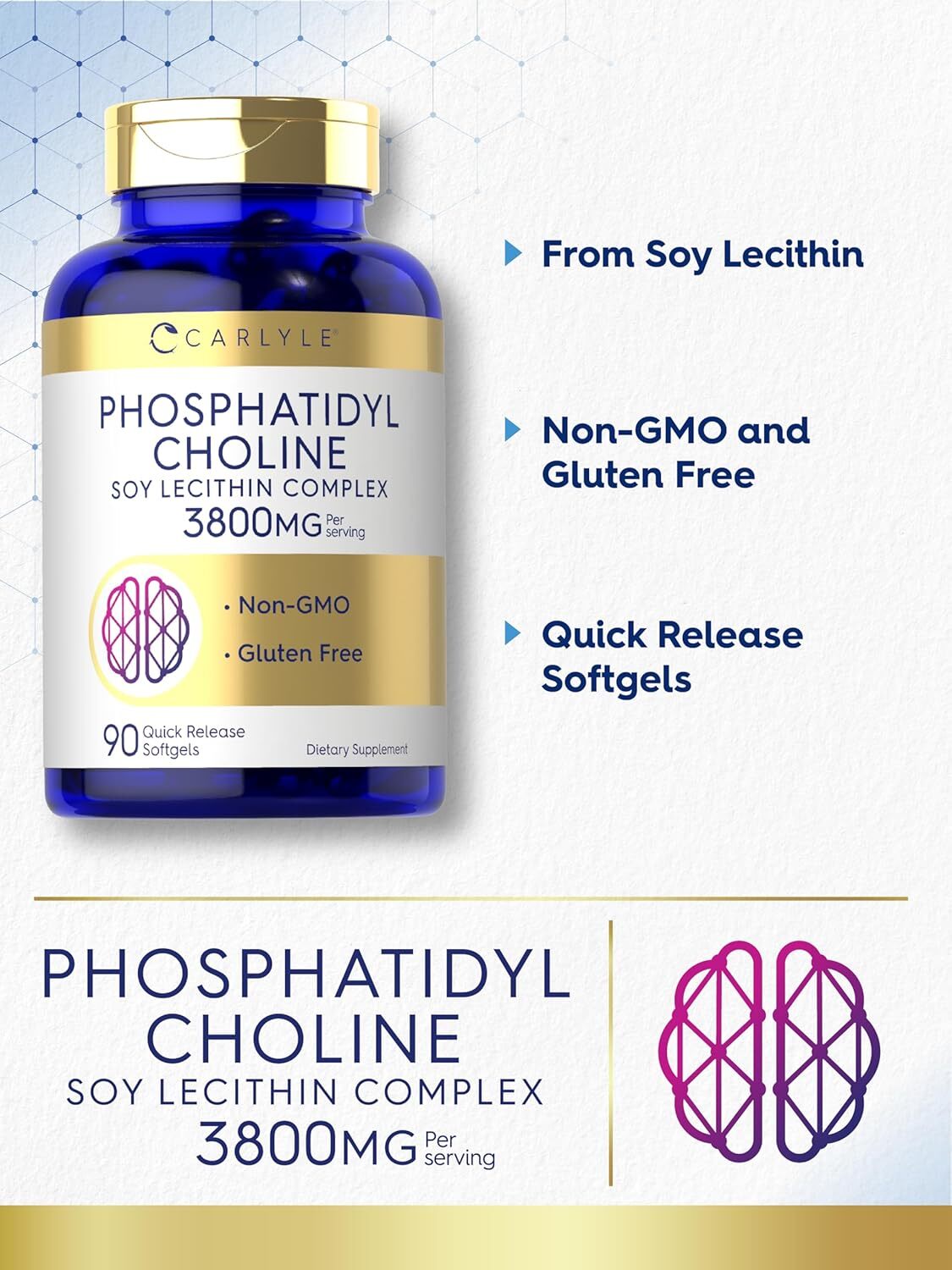 Phosphatidyl Choline 1,680mg | 90 Softgels | Non-GMO & Gluten Free | by Carlyle